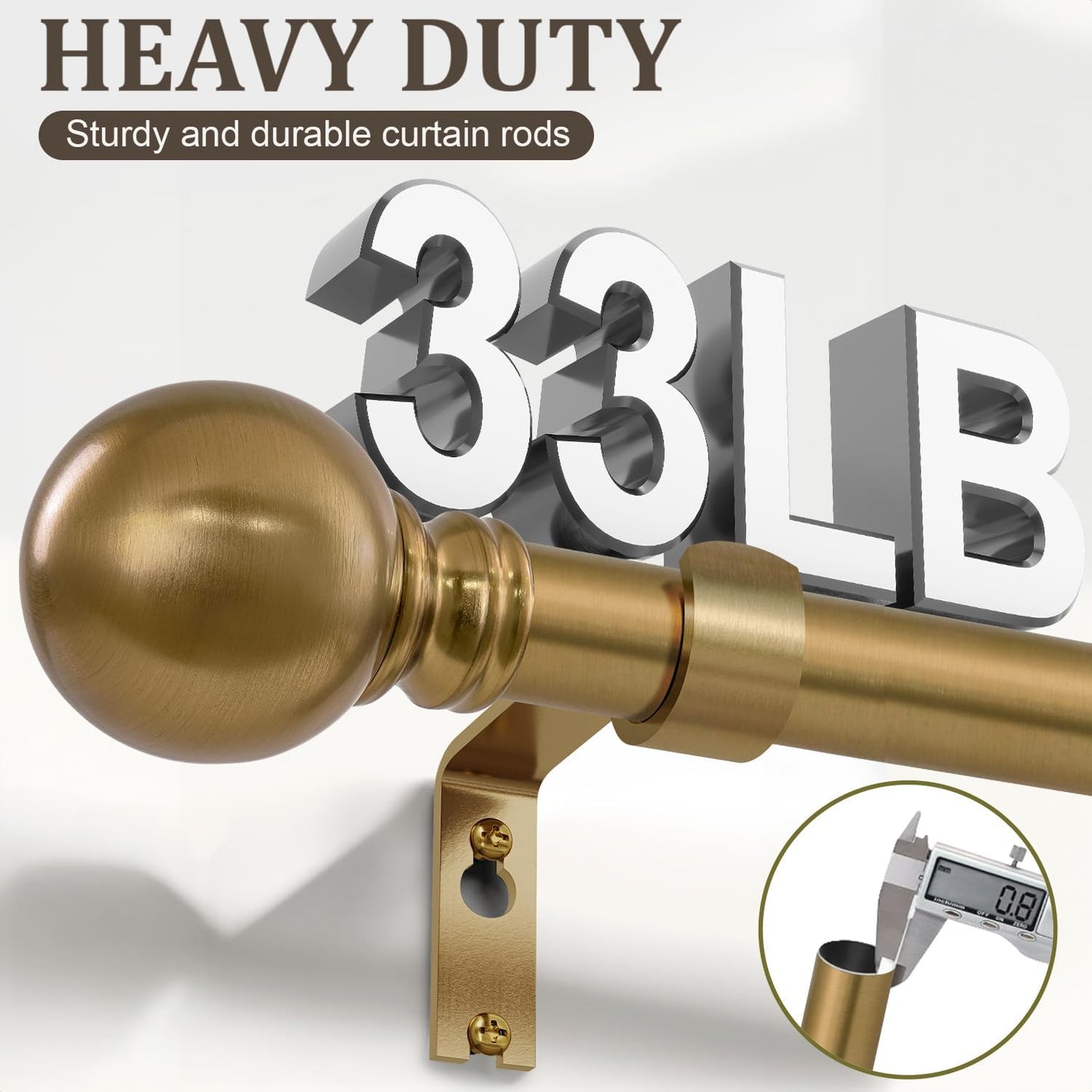 Warm Gold Long Curtain Rods for Windows 66 to 120 Inch 1" Diameter Adjustable Heavy Duty Brass Window Curtain Rod with Metal Finials for Living Room Bedroom Farmhouse Kitchen Outdoor