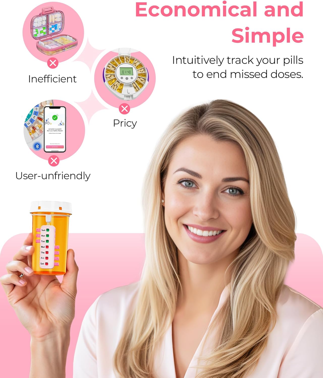 Pill Reminder for Easy Tracking Without Refills, Reusable Pill Tracker for Vairous Bottles, Arthritis-Friendly & Anti-Slide Medication Tracker, Compact Medicine Reminder for Pet Meds, Pink, 2-Pack