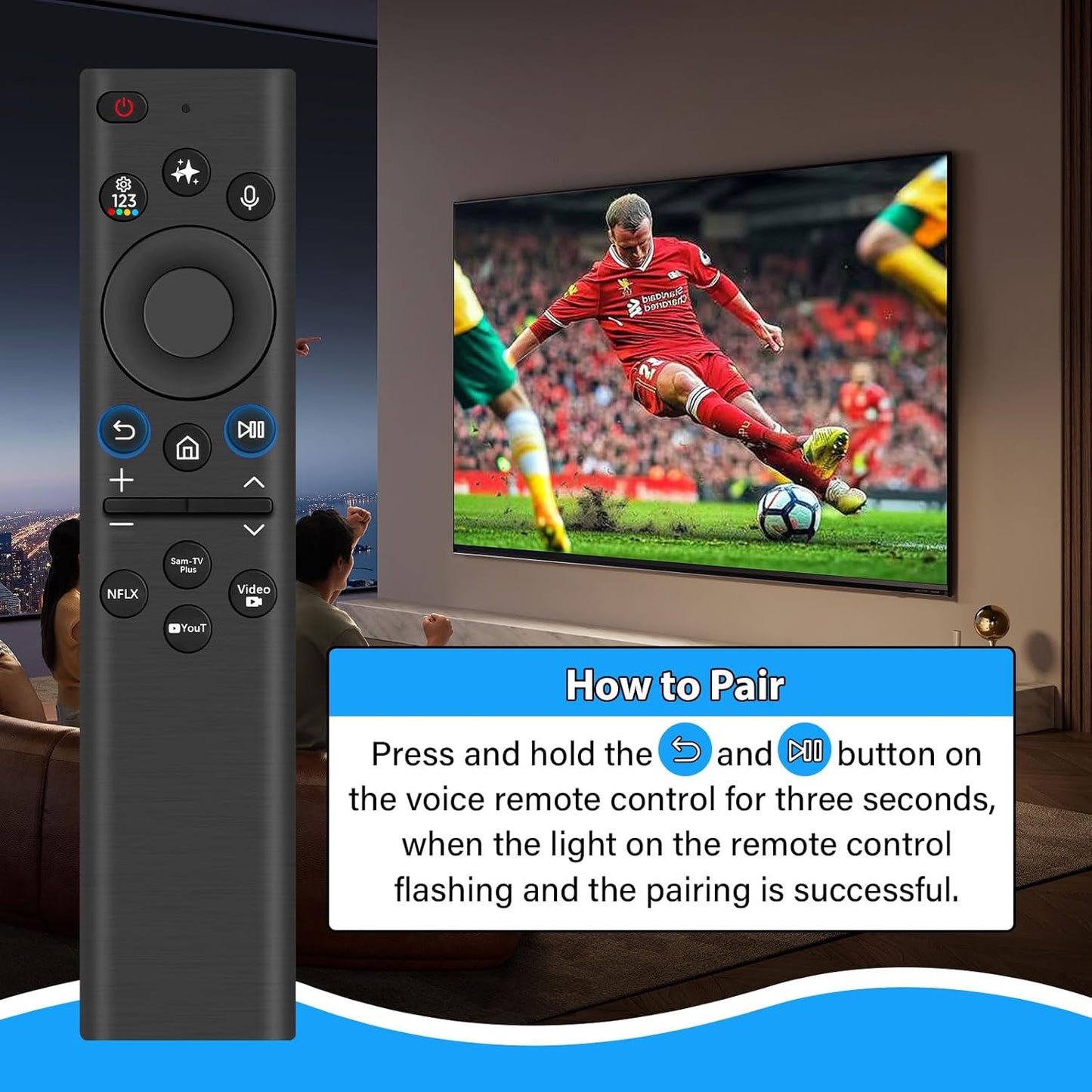AI Solar Voice Remote Compatible with Samsung Smart TVs 2018–2025, Bluetooth Rechargeable Remote with Solar Charging, USB-C Port, Smart Assistant Control & App Shortcut Buttons