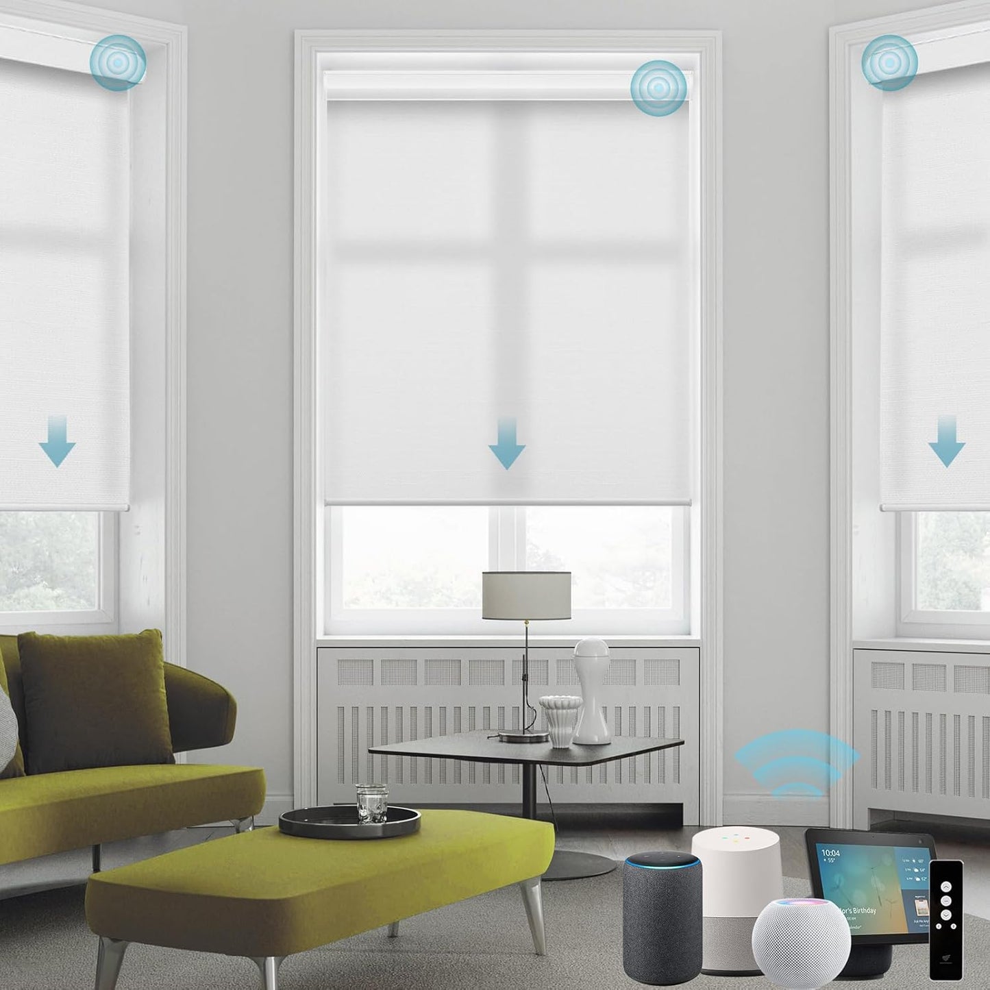 SmartWings Motorized Smart Roller Shades in Light Filtering, Electric Blinds with Remote for Windows Compatible with Alexa/Google Home/Homekit, Customized, 70% Blackout Essential White