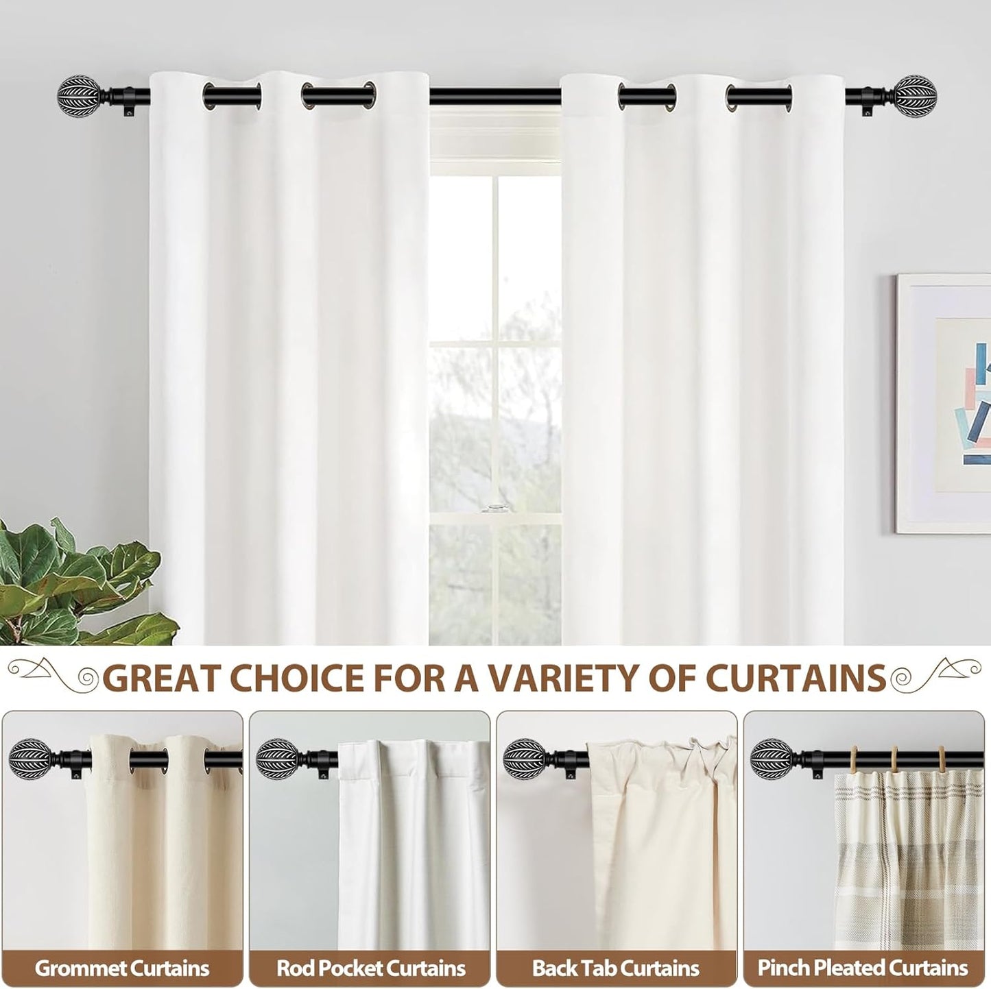 KAMANINA Wood Curtain Rods for Windows 72 to 144 Inch(6-12ft), 1 Inch Adjustable Drapery Rod, Decorative Heavy Duty Curtain Rods with Leaf Pattern Finials, Black