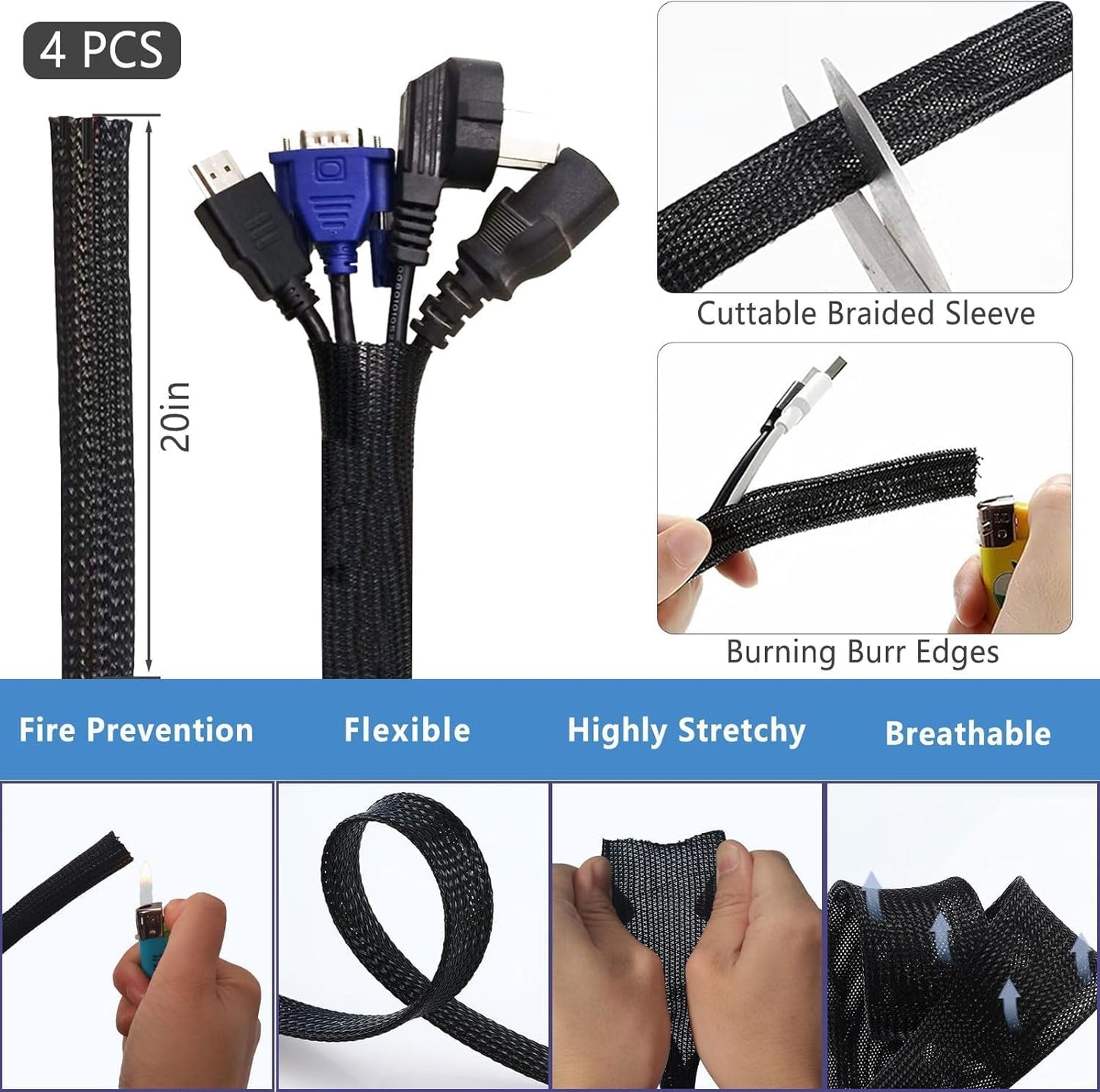 ELII 300PCS Cable Management Kit,4 Cable Sleeve 35 Cable Clips with 11Cord Holders,20 Roll Cable Organizer Straps and 200 Fastening Cable Ties,20 Cable Zip Tie Mounts for Under Desk