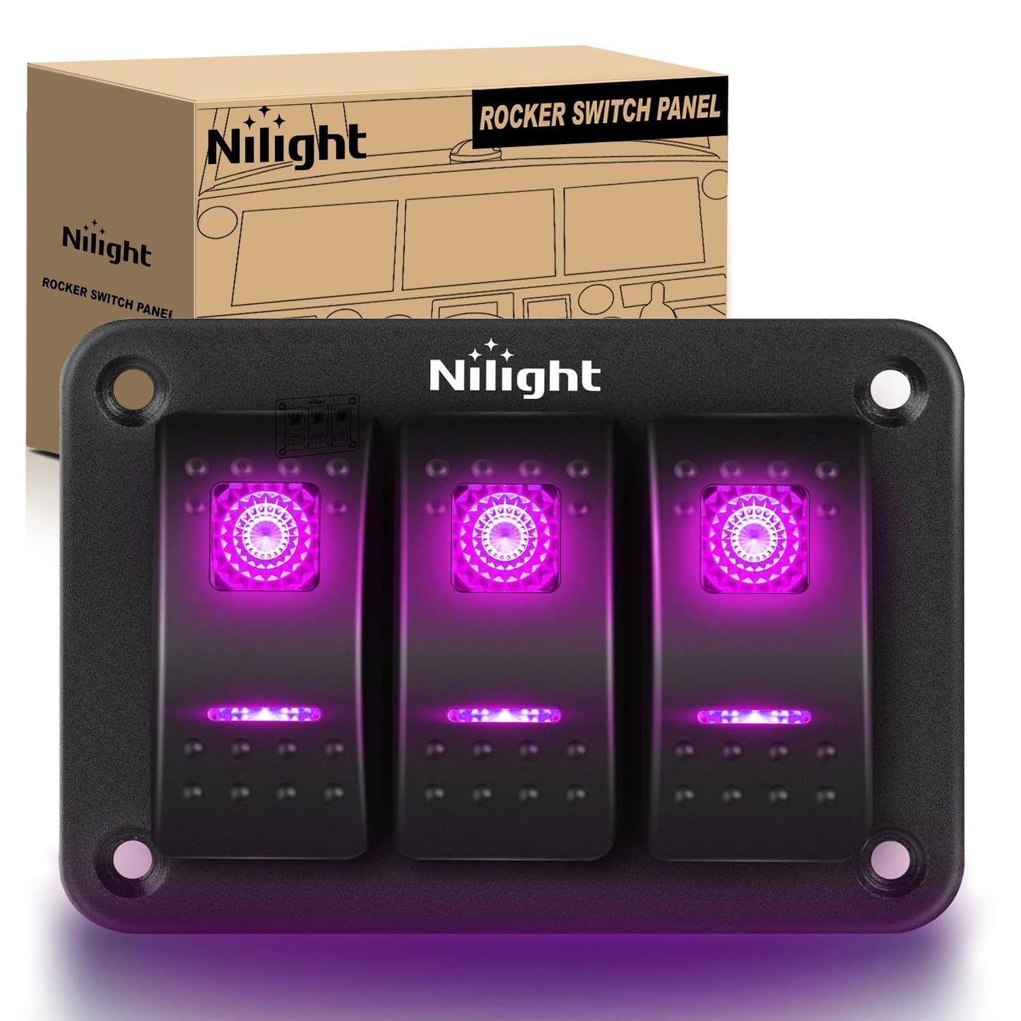 Nilight 3 Gang Aluminum Rocker Switch Panel 5 Pin ON Off Pre-Wired Pinkish Purple Toggle SPST 12V 24V Night Glow Stickers for Cars Marines Boats Campers RVs
