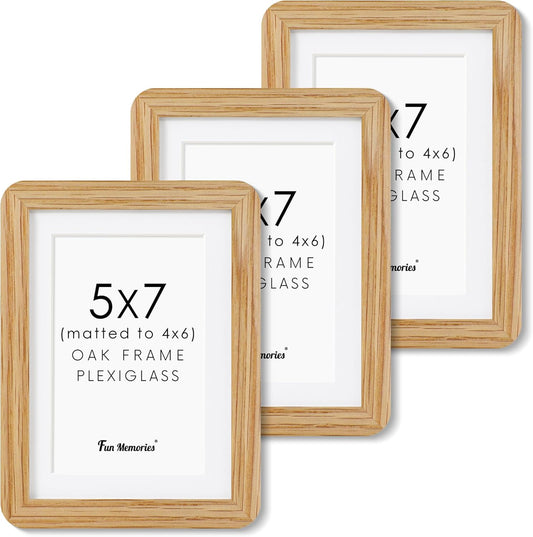 5x7 Picture Frame Set of 3, 5 by 7 Photo Frames for Wall & Tabletop Display, Solid Oak Wood Frames with Plexiglass, 5x7 Frame Matted to 4x6, Light Wood 5 x 7 Gallery Wall Frame Set, Natural Oak Color