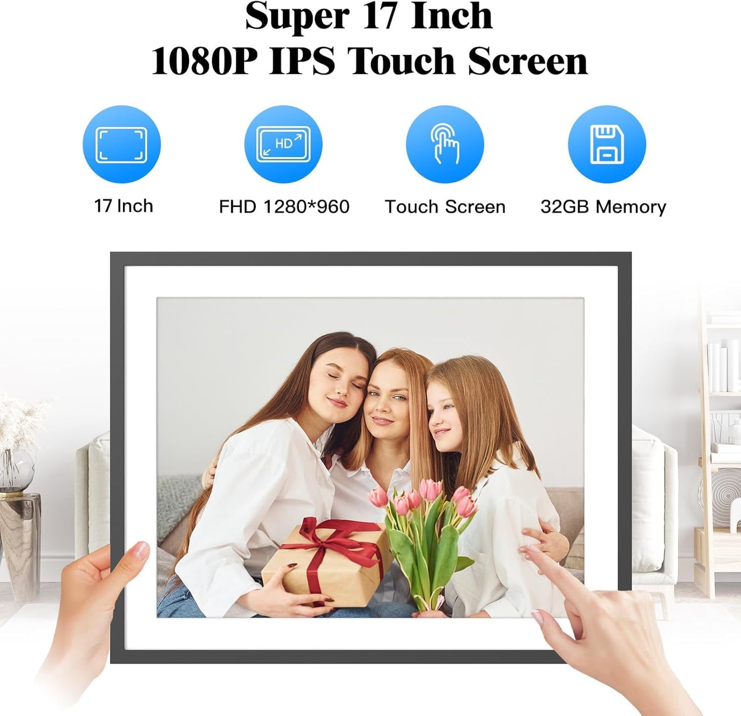 Large Digital Picture Frame 17” WiFi-Photo-Frame - 1280x960 IPS HD Touch Screen, 32GB Smart Picture Frame, Motion Sensor, Auto-Rotate, Wall-Mounted, Share Photos Videos via App, Gifts for Mom Dad