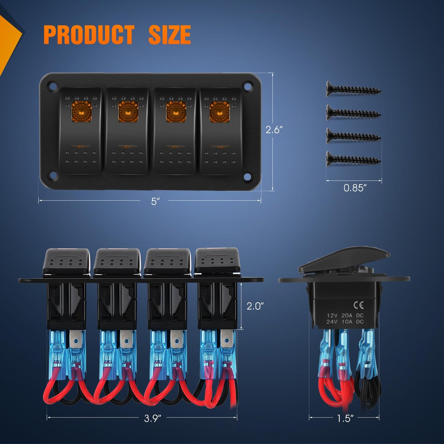 Nilight 4 Gang Rocker Switch Panel with Orange LED Light 5 Pin On Off Pre-Wired Aluminum Toggle Switches Waterproof for 12V/24V Cars Marine Boats ATVs Trailers RV Trucks