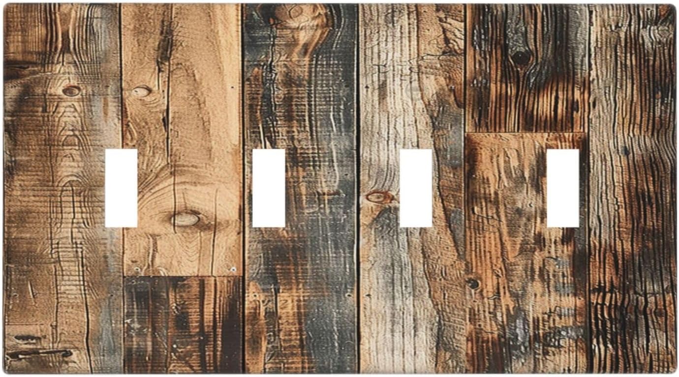 Light Switch Covers Rustic Brown Wood Pattern Splice Plank Quad Toggle Electrical Faceplate 4 Gang Wall Plate Decorative Switch Plates For Farmhouse Cabin Decor