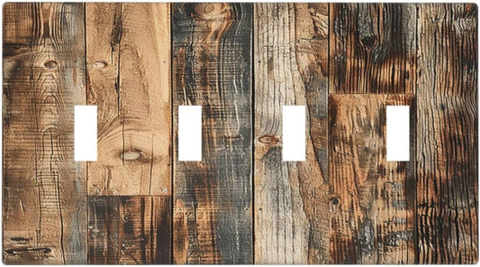 Light Switch Covers Rustic Brown Wood Pattern Splice Plank Quad Toggle Electrical Faceplate 4 Gang Wall Plate Decorative Switch Plates For Farmhouse Cabin Decor