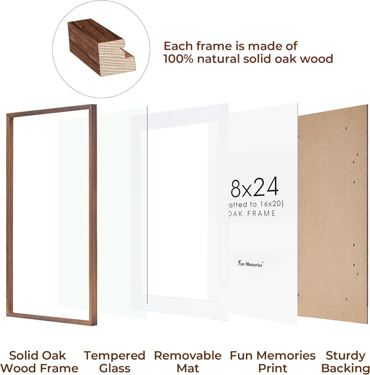 Fun Memories 18x24 Poster Frame, Solid Oak Wood 18 by 24 Picture Frame Set of 2, 18x24 Wood Frames with Tempered Glass, 18 x 24 Frame with Mat for 16 x 20, Large Wooden Art Frame, Walnut Color