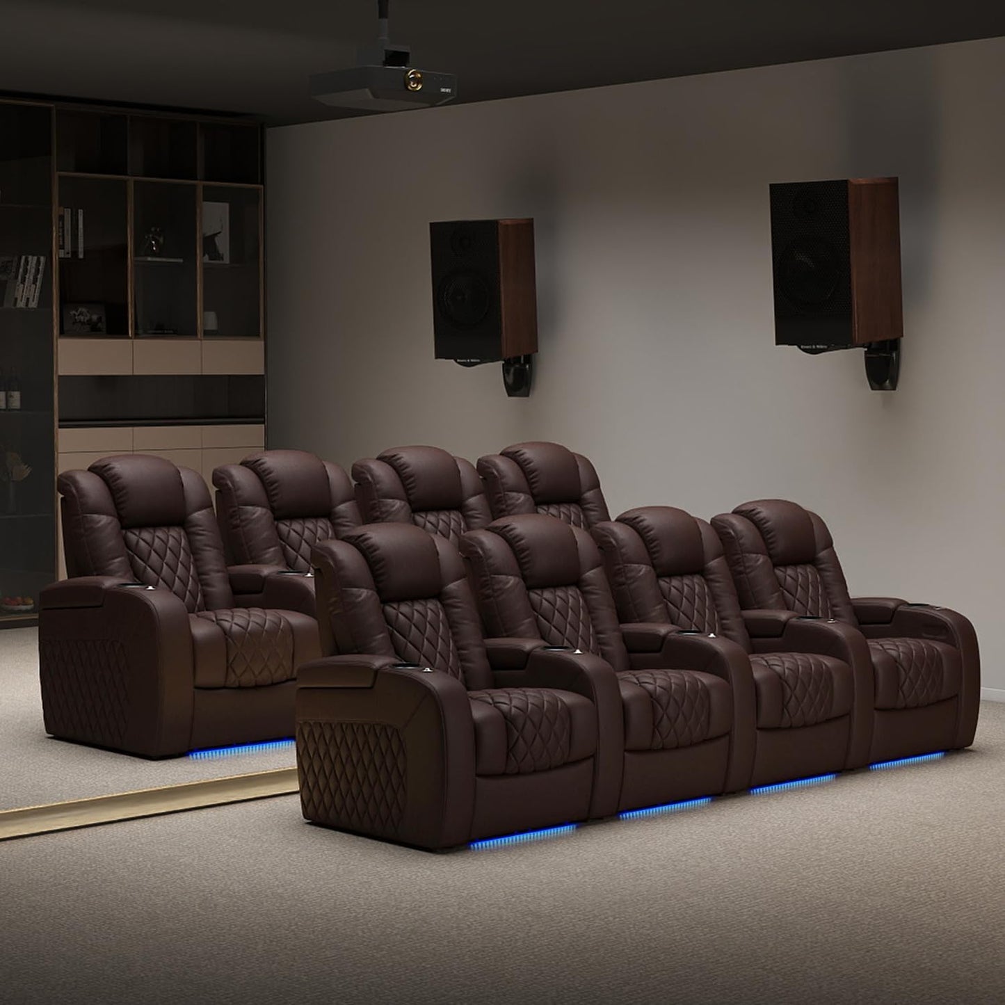 Weilianda Home Theater Seating Top Grain Leather Zero Gravity Recliner Chair Power Headrest Recline Movie Seat Gaming 7 Colors Mood Light Sofa with Tray Table USB Charge Row of 4 Loveseat Right Brown