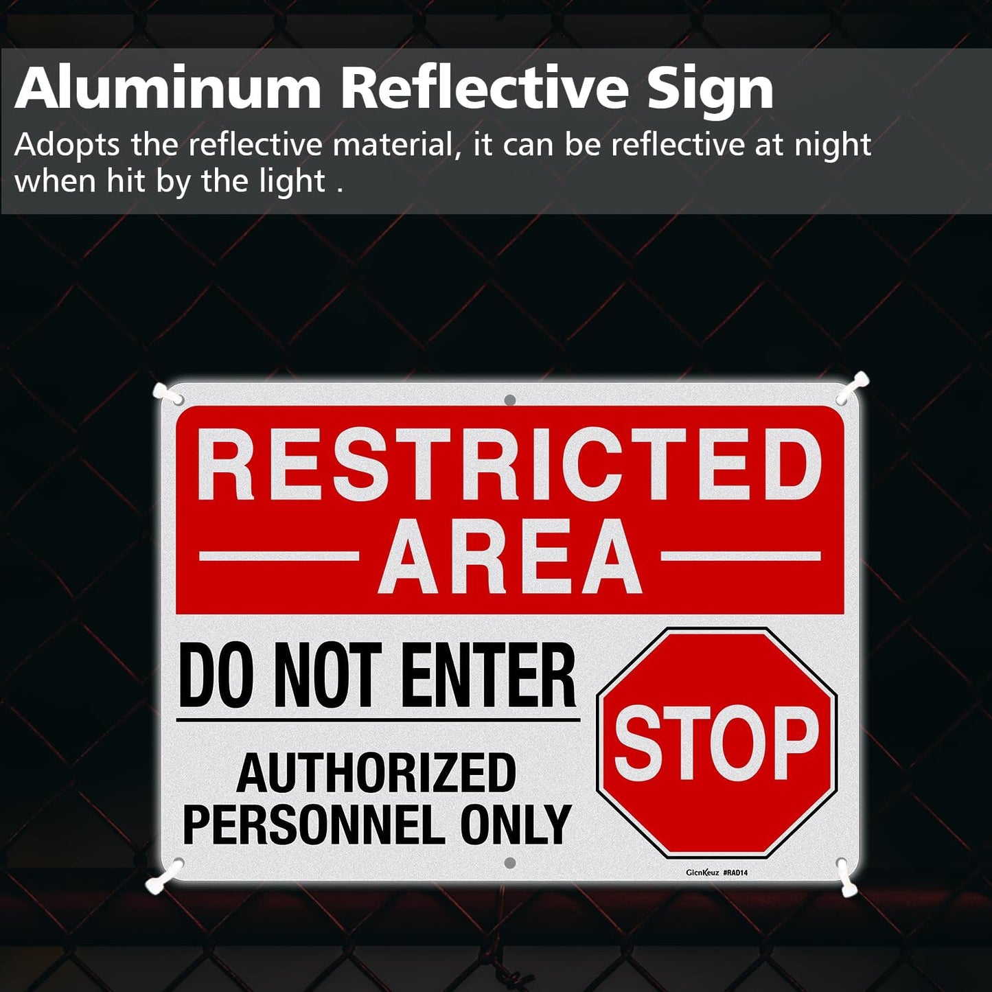 GicnKeuz Large "Restricted Area - Do Not Enter, Authorized Personnel Only" Metal Signs, 14 x 10 Inches Reflective Aluminum Signs, Fade Resistant/Waterproof, Easy to Install, Outdoor Use (2-Pack)