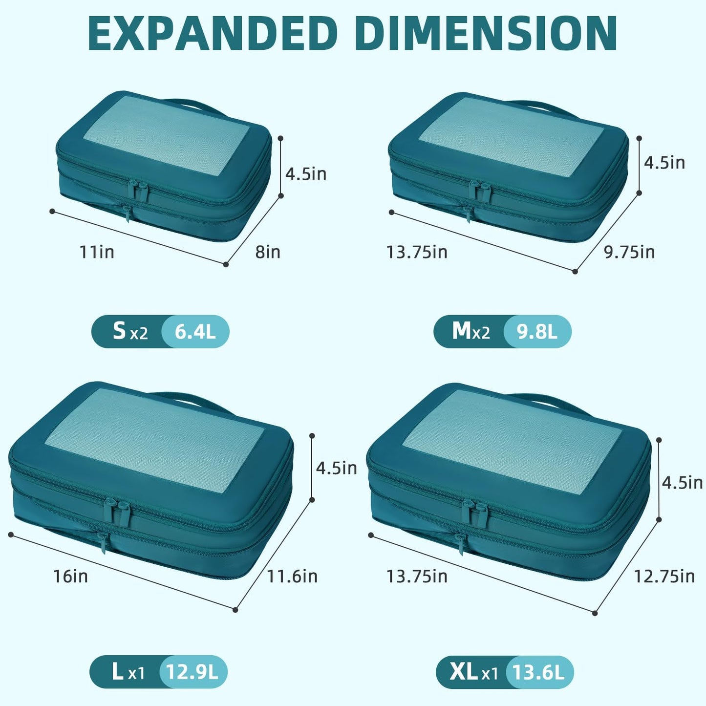 BAGAIL 4 Set/6 Set/8 Set Compression Packing Cubes Travel Accessories Expandable Packing Organizers (Square Mesh, 06-Teal)