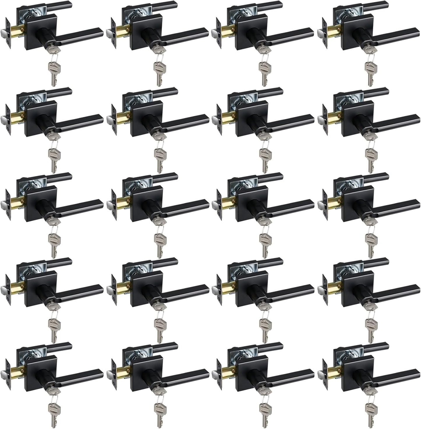 Keyed Entry Door Lever with Lock, Heavy Duty Square Interior Handle for Front Door and Office, Matte Black, Reversible for Right&Left Handed, 20Packs