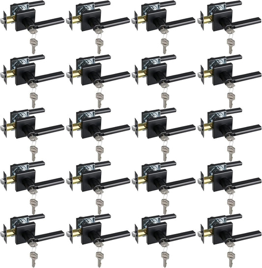 Keyed Entry Door Lever with Lock, Heavy Duty Square Interior Handle for Front Door and Office, Matte Black, Reversible for Right&Left Handed, 20Packs