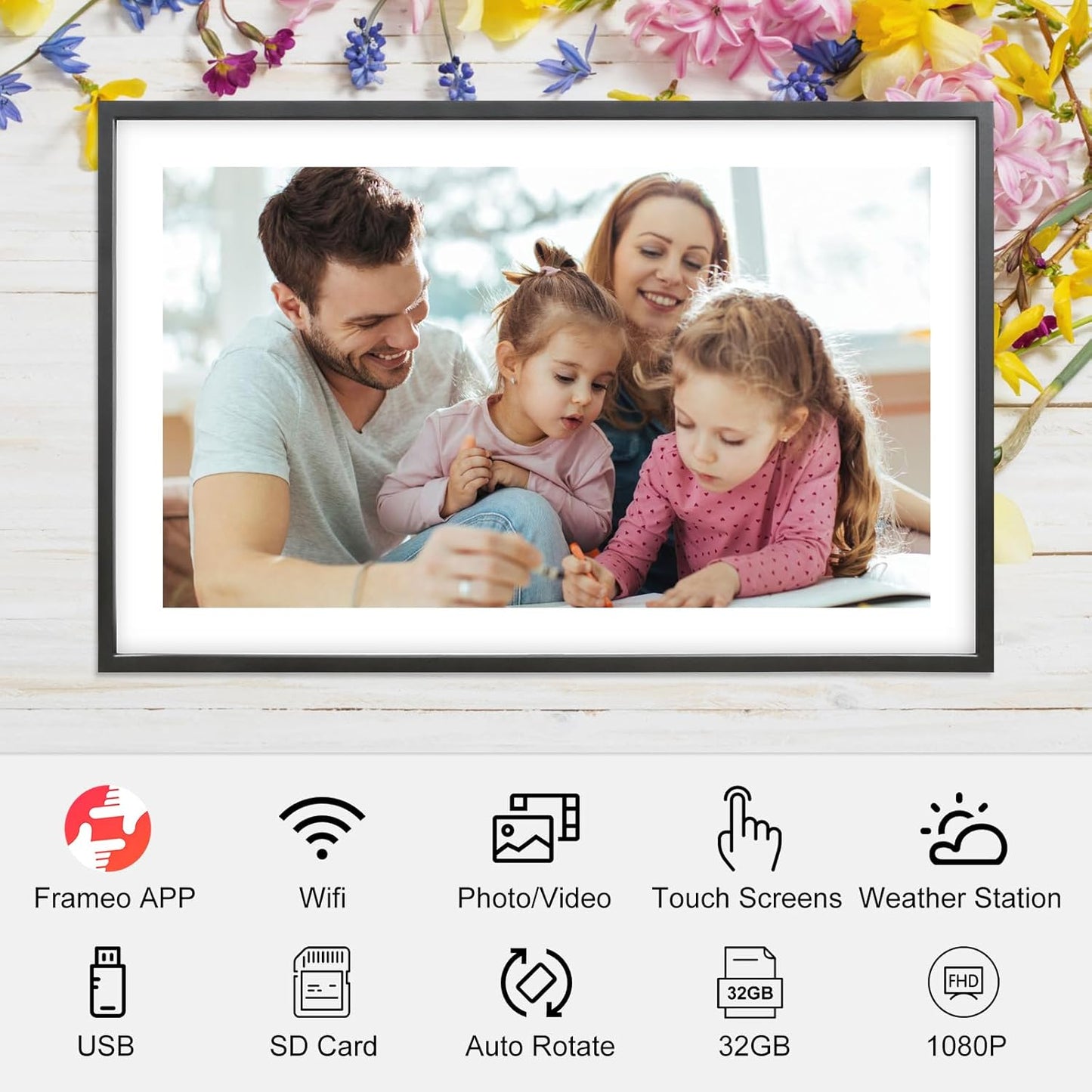 Frameo 15.6 Inch Large Digital Photo Frame, Digital Picture Frame WiFi with 32GB, 1920 * 1080 IPS HD Touch Screen, Electronic Picture Frame IPS Touch Screen with Auto-Rotate, Frameo Digital Frame Wifi