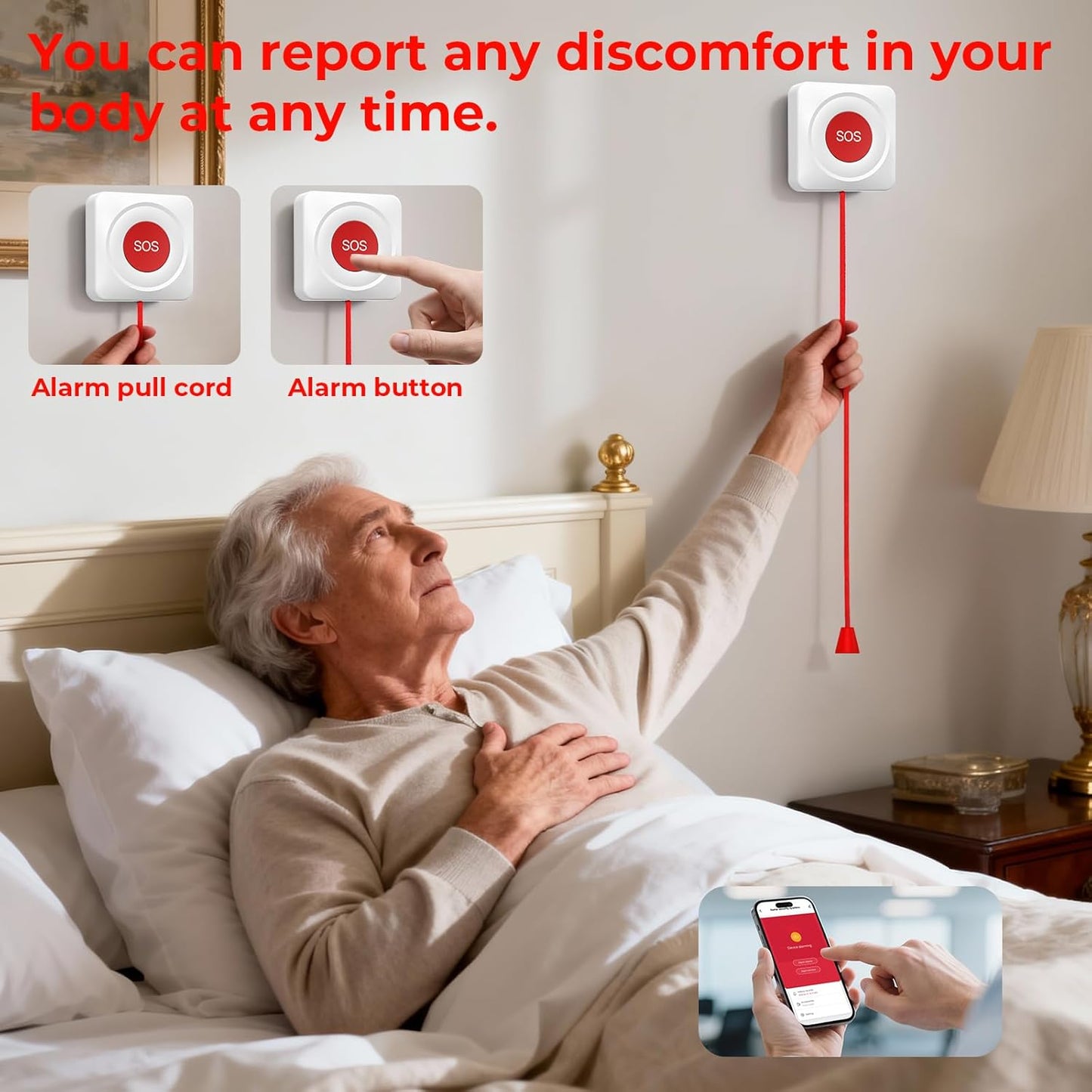 Caregiver Call Button Wireless Call Button for Elderly at Home,WiFi Panic Button,Life Alert Systems for Seniors No Monthly Fee (whiter4)