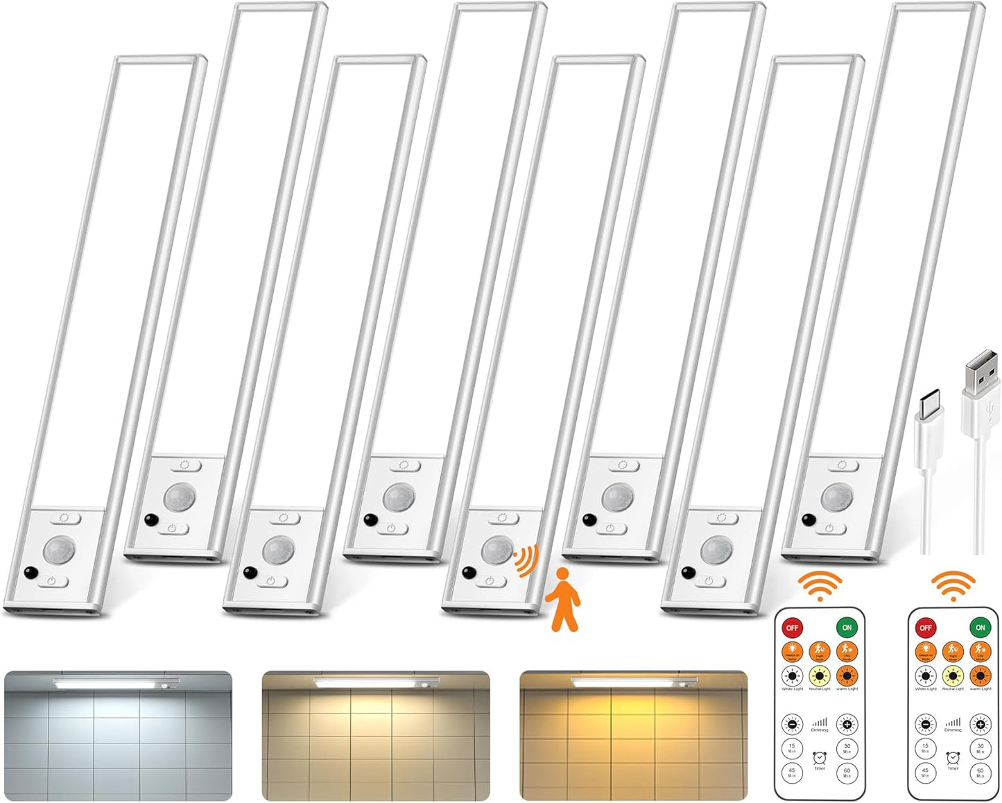 Under Cabinet Lights with Remote Control, USB Rechargeable LED Motion Sensor Light Indoor, Magnetic Wireless Under Counter Lights, 3 Color Dimmable Closet Lights for Kitchen,Cabinet,Bedroom, 8 Pack