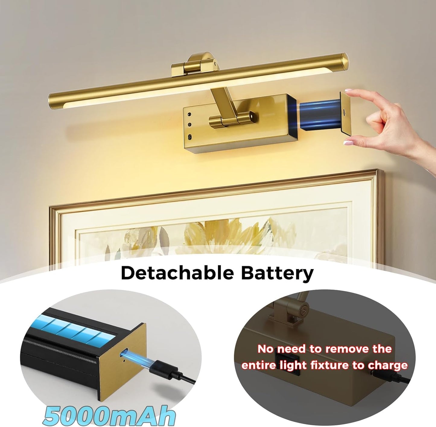 Wireless Picture Lights for Wall Removable Battery Charging, Battery Operated Art Light for Paintings, 3CCT Dimmable with Remote, Rotatable Gallery Light for Pictures Display