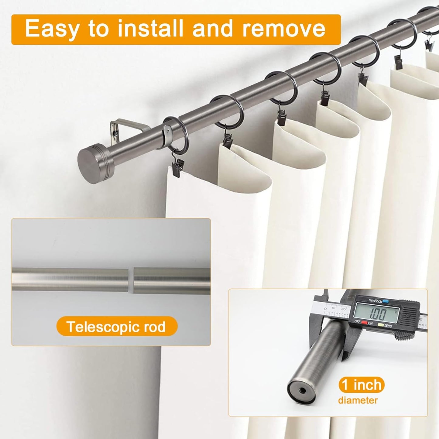 Brushed Nickel Curtain Rod for Windows 18 to 88 Inches, 1 Inch Adjustable Drapery Pole, Heavy Duty Outdoor/Indoor Modern Curtain Rods, Easy Installation(Satin Nickel 18"-88")