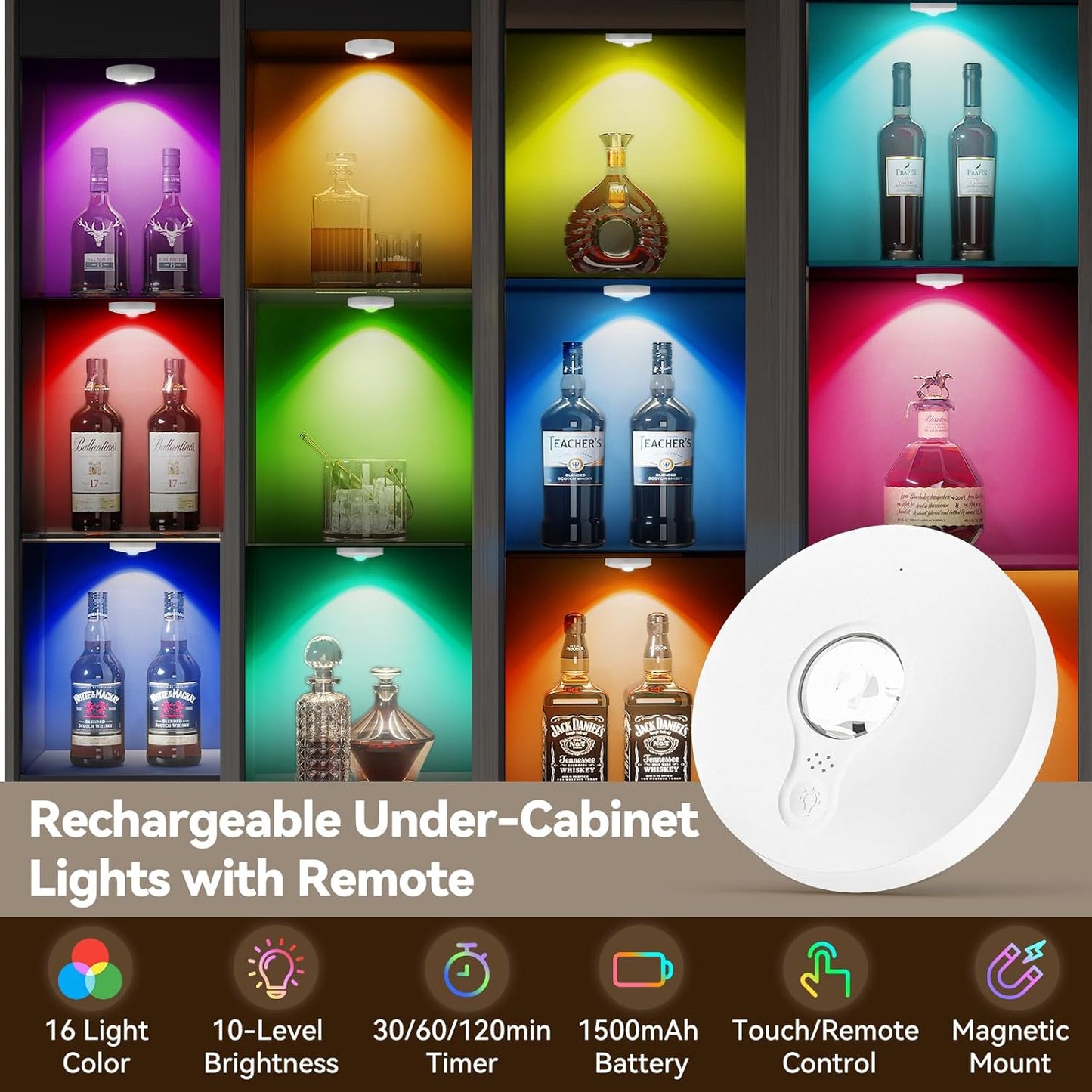 Rechargeable Puck Lights with Remote, 12 Pack Magnetic Under Cabinet Lighting, 1500mAh Battery Operated LED Tap Lights with Dimmer & Timmer for Kitchen, Closet, Shelf - 3 Color Temps & 12 RGB, White