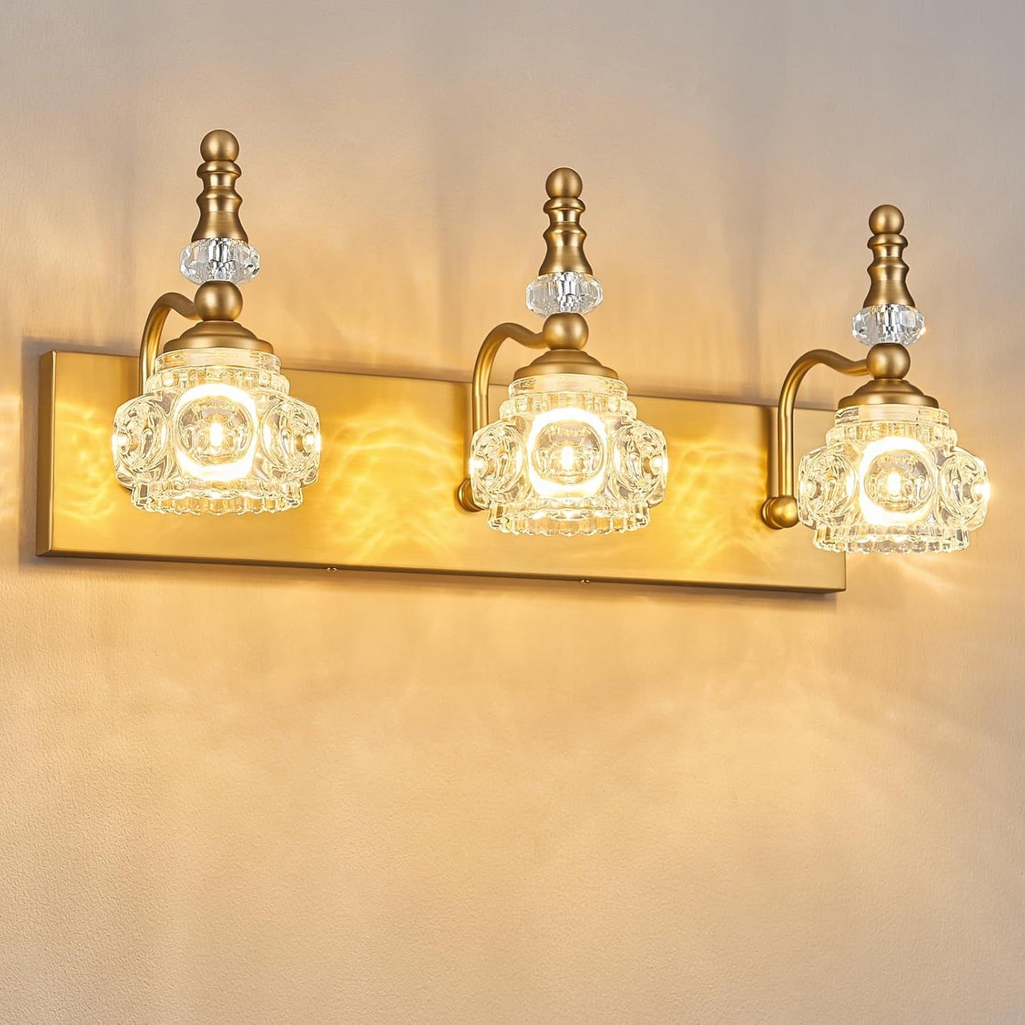 Modern Glass Crystal Vanity Light - Vintage Bathroom Lighting Fixtures Over Mirror, 3 Light Vanity Lights G9 Bulb (19.68 Inch,Brass)