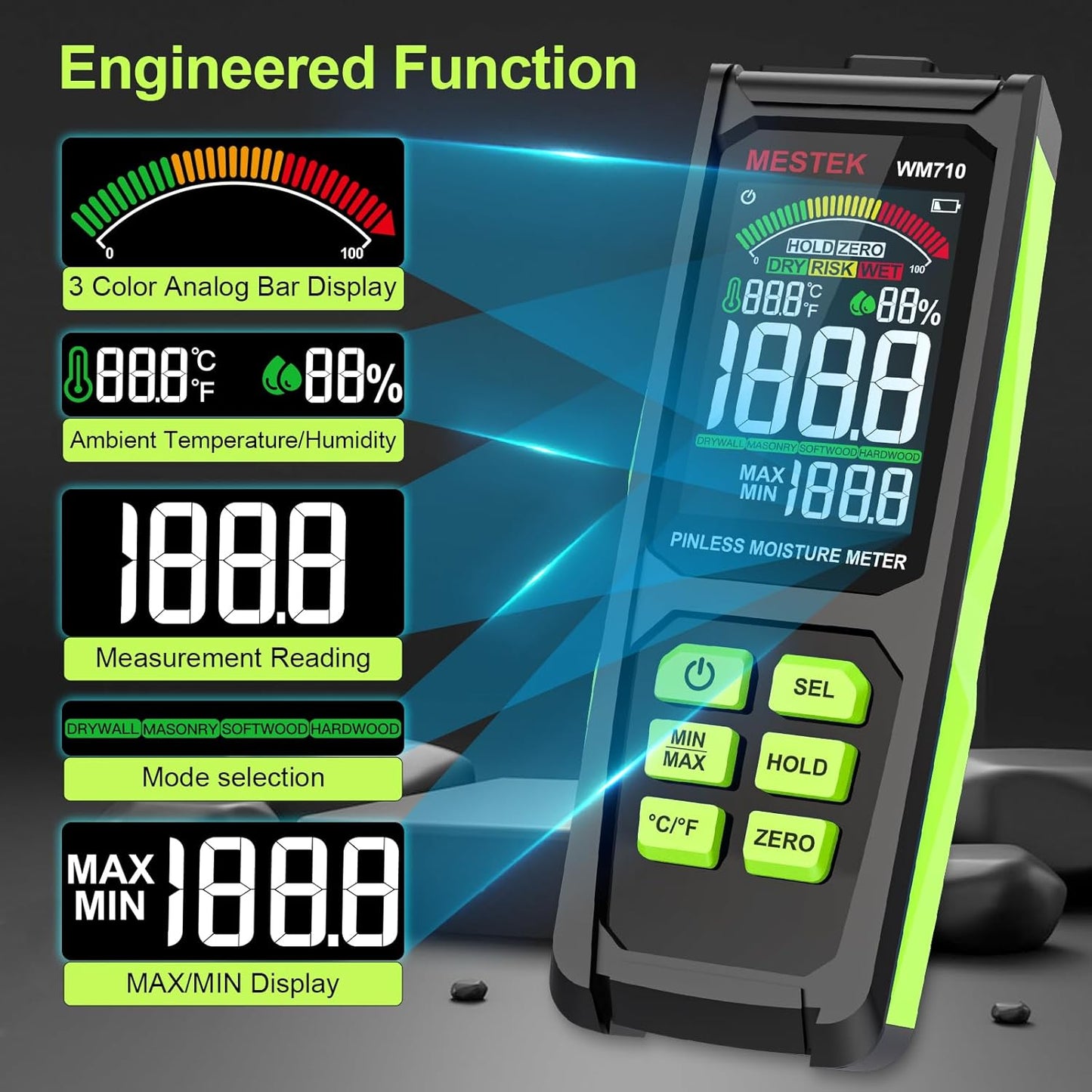 MESTEK Pinless Wood Moisture Meter - Digital Moisture Detector for Lumber Drywall Firewood Masonry Woodworking Plaster Floor Concrete Building, Moisture Reader and Tester with LCD Display & Audible