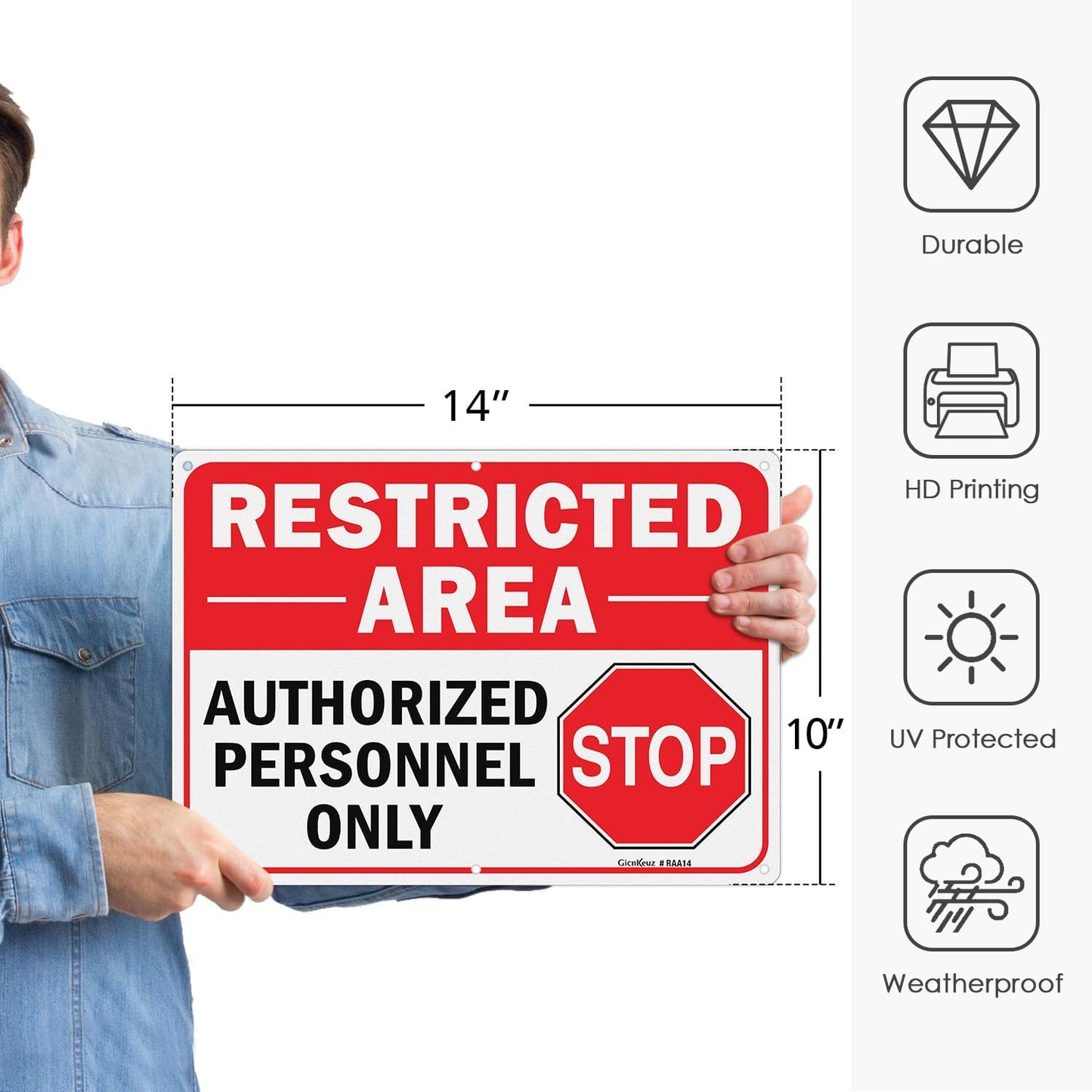 GicnKeuz Large Restricted Area Sign, 14x10 Inches Do Not Enter - Authorized Personnel Only Signs, Rust Free.40 Reflective Aluminum, Fade Resistant/Waterproof, 6 Pre-drilled Holes (4 Pack)