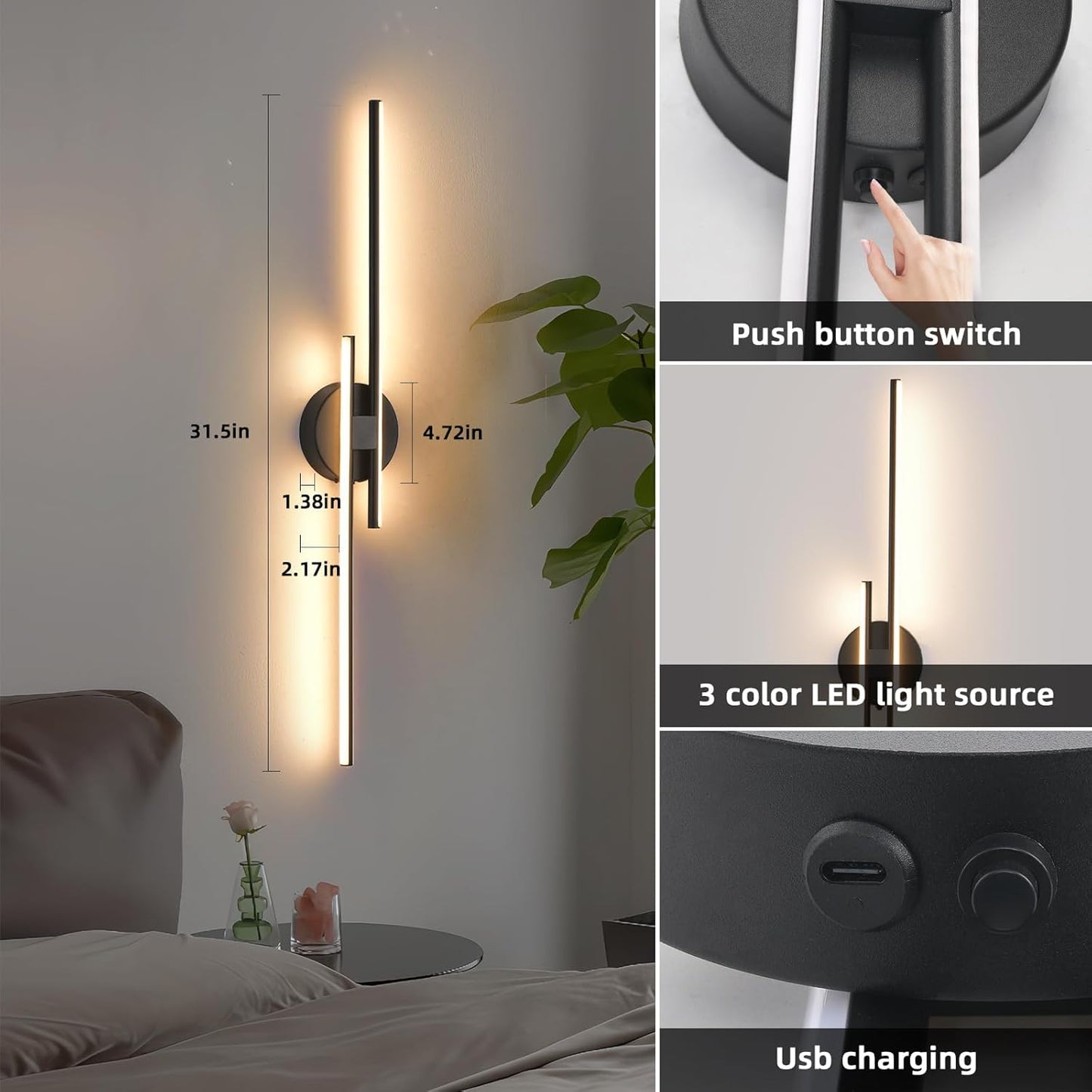 Rechargeable Battery Operated Wall Sconce Set Of Two, Black Wireless LED Wall Sconces With Remote Control, Dimmable 3 Colors Cordless wall lights for Living Room, bedroom, Hallway, 31.4 Inch ( 2pcs)