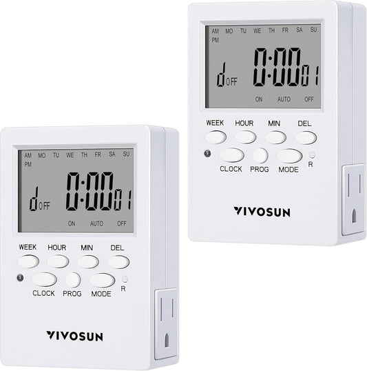 VIVOSUN 7 Day Programmable Digital Timer with Dual Outlet, 20 On/Off UL Listed Heavy Duty Plug-in Outlet Timer with Countdown Setting, Indoor for Lamp, Fan, Heater, Humidifiers, Aquarium (2 Pack)