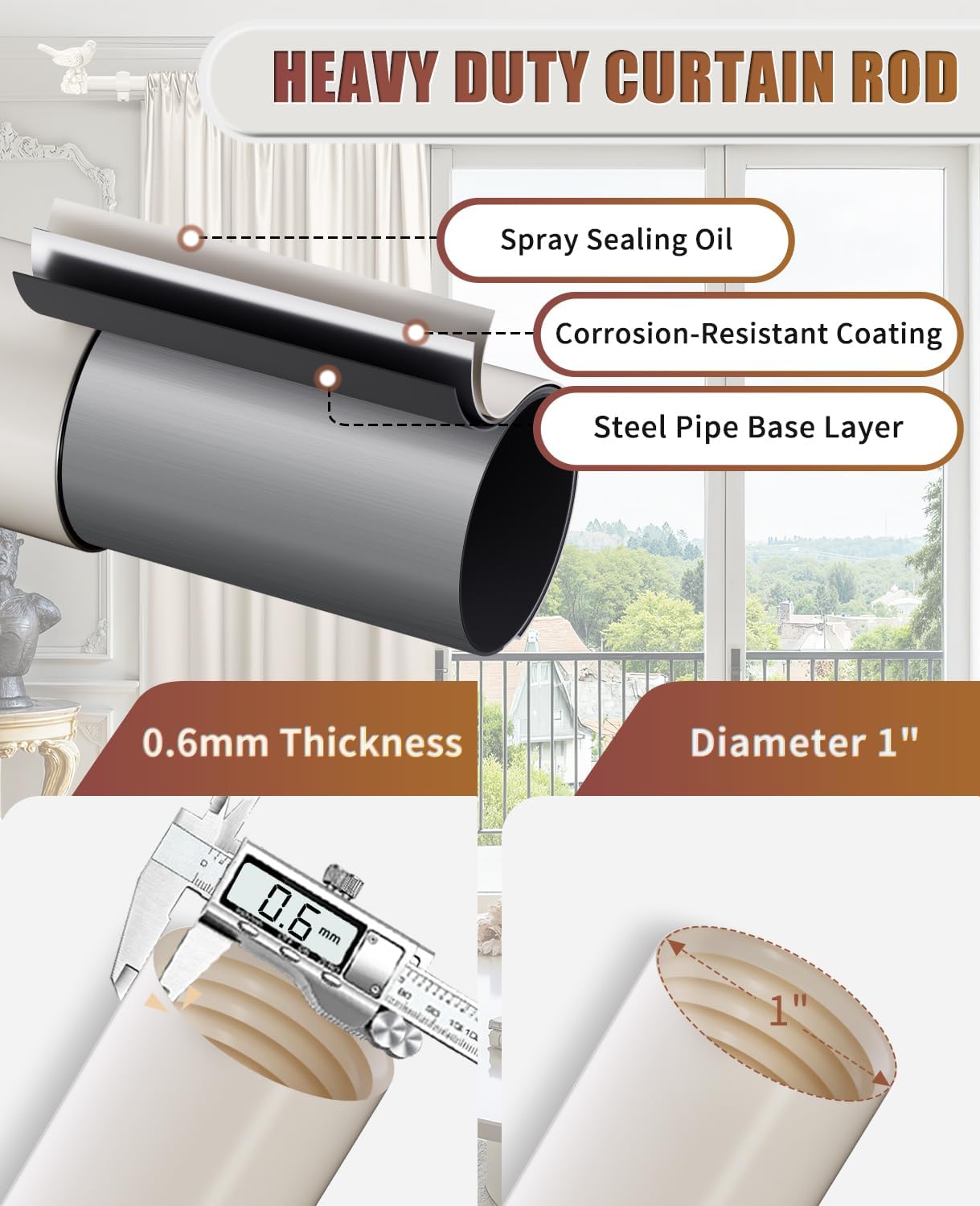 Curtain Rod 36 to 168 Inches White Curtain Rods for Windows Adjustable Drapery Rod with Bird Finials Heavy Duty Window Curtains Rods for Living Room Bedroom