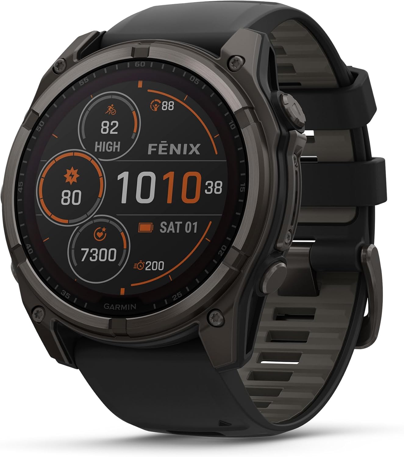 Garmin Fenix 8 Premium Multisport GPS Running Smartwatch, 51 mm, Sapphire, Solar, Dive-Rated, Built-in Flashlight, DLC Titanium with Pebble Gray Band - Signature Series Charging Stand