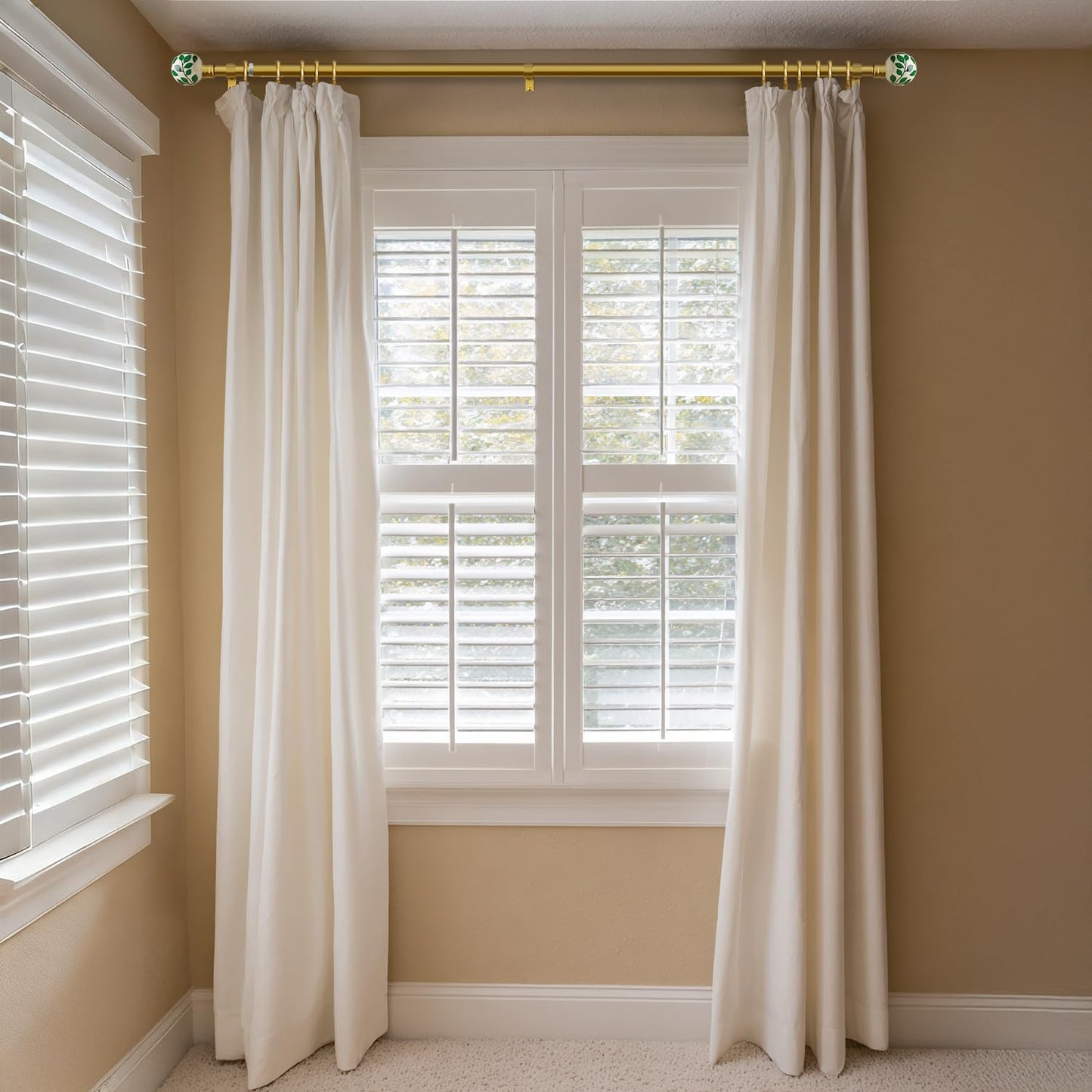 Gold Curtain Rods for Windows 72 to 144 Inches Adjustable Length Heavy Duty 1" Diameter Green Ceramic Window Curtain Rod with Modern Leaf Pattern Decorative Finials for Bedroom Living Room Kitchen