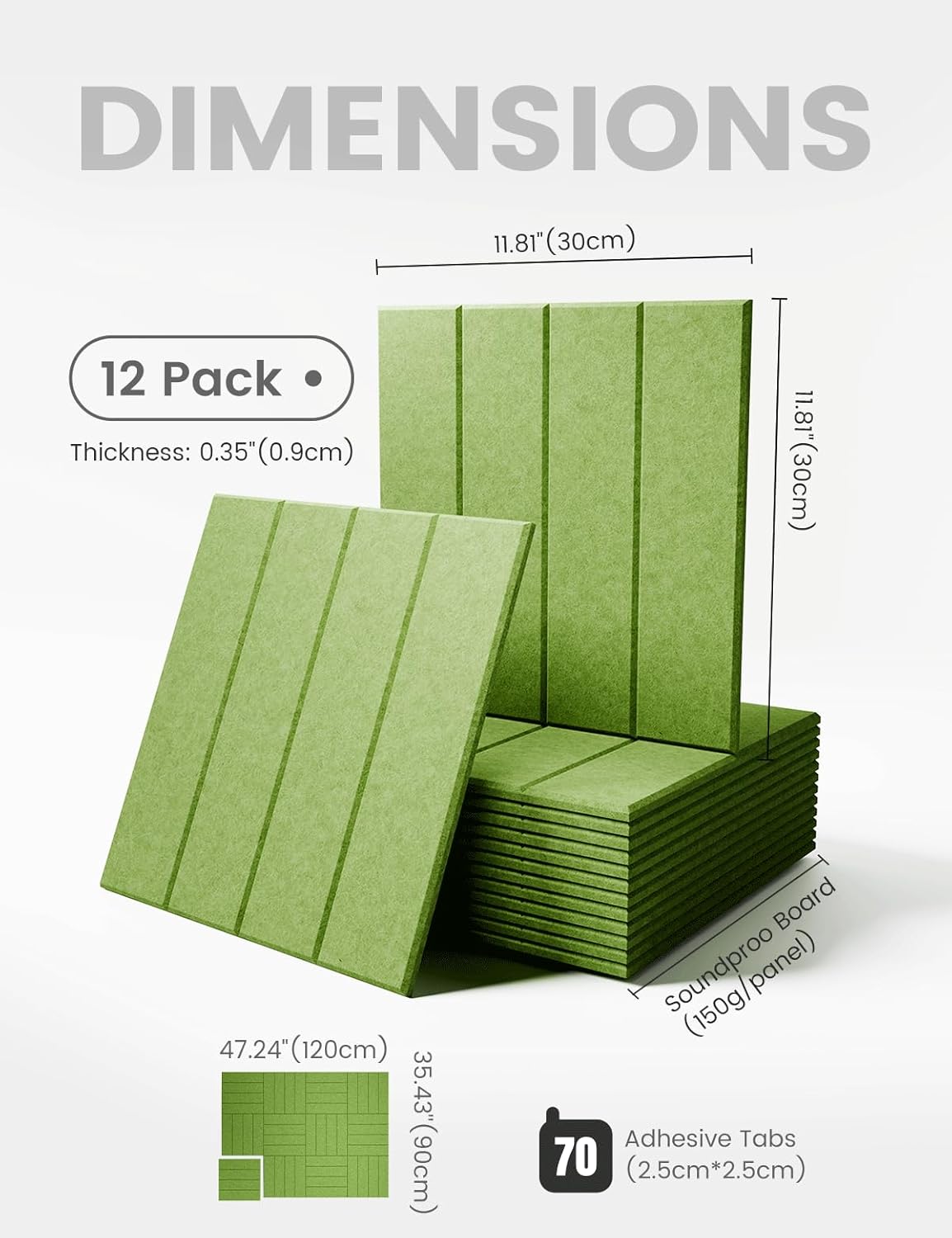 Felt Bulletin Board Tiles Large 48" x 36" Cork Board Alternative-12 Pack with 70 Adhesive Tabs, Thick Slat Wall Panels for Office Decor, Push Pin Board Wall Organizer Alternative-Kelly Green