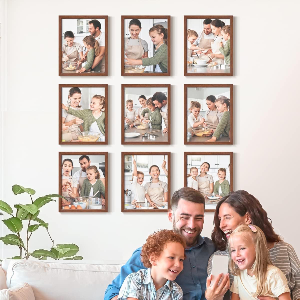 Renditions Gallery Set of 9, 11X14 Custom Photo Prints with Real Wood Picture Frames. Create Personalized Photos with Peel & Stick Photo Frames. Brown Frame