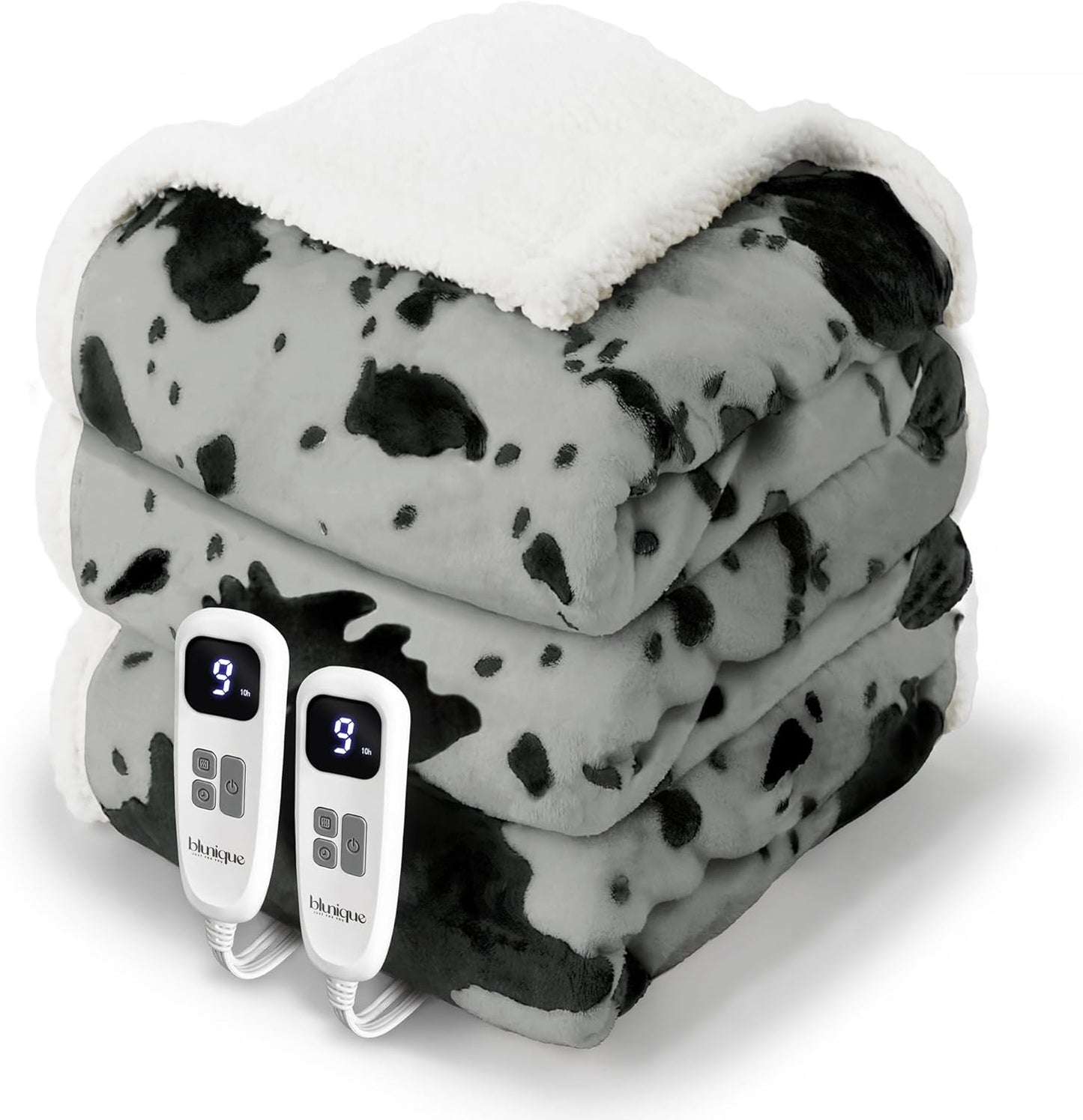 Cow Print Heated Electric Blanket King Size-Dual Control Heating Blanket King Size with 10 Heat Levels & 10 Hours Auto-Off, Cozy Soft Fleece Sherpa, Washable, 90x100 Inche Cow Print Grey
