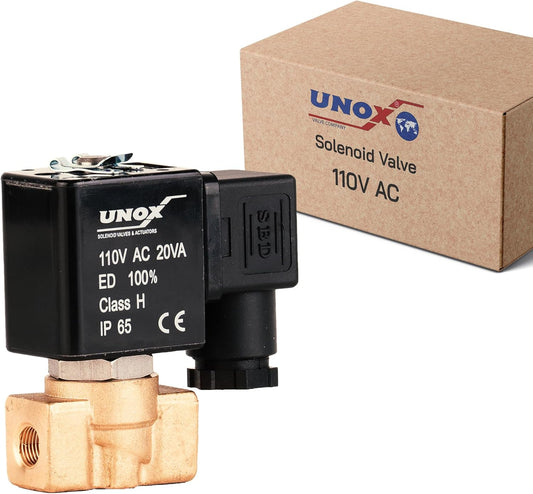 UNOX 1/8" NPT Solenoid Valve 110V AC, Brass Control Valve Normally Closed - 0-232 PSI Multi-Purpose Reliable Control Valve for Water, Air, and Gas - Solenoid Valves