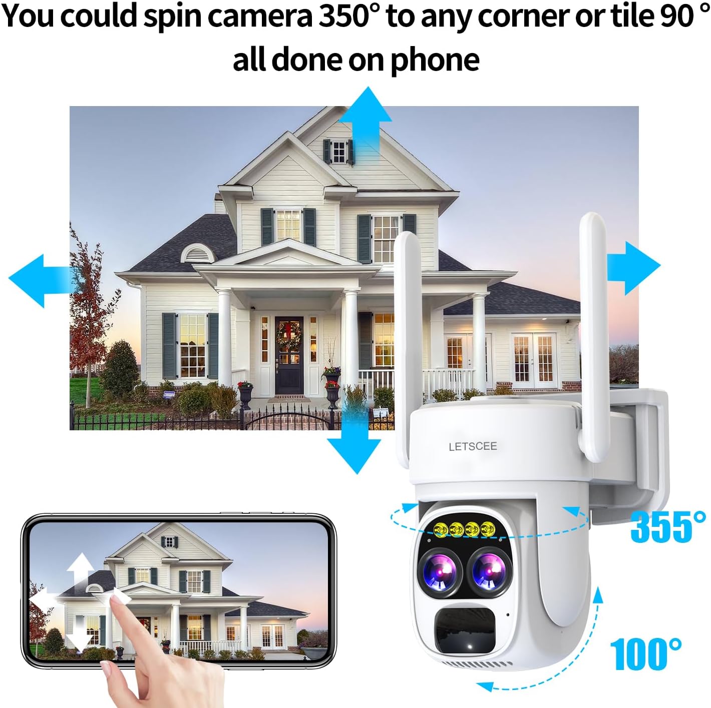 Security Cameras Wirelss Outdoor for Home Security, Alexa Cameras Solar Power,360 View Outside Camera,Motion Detection,10x Hybrid Zoom PAN Tile,IP-65 Weather Proof (1 Pack)