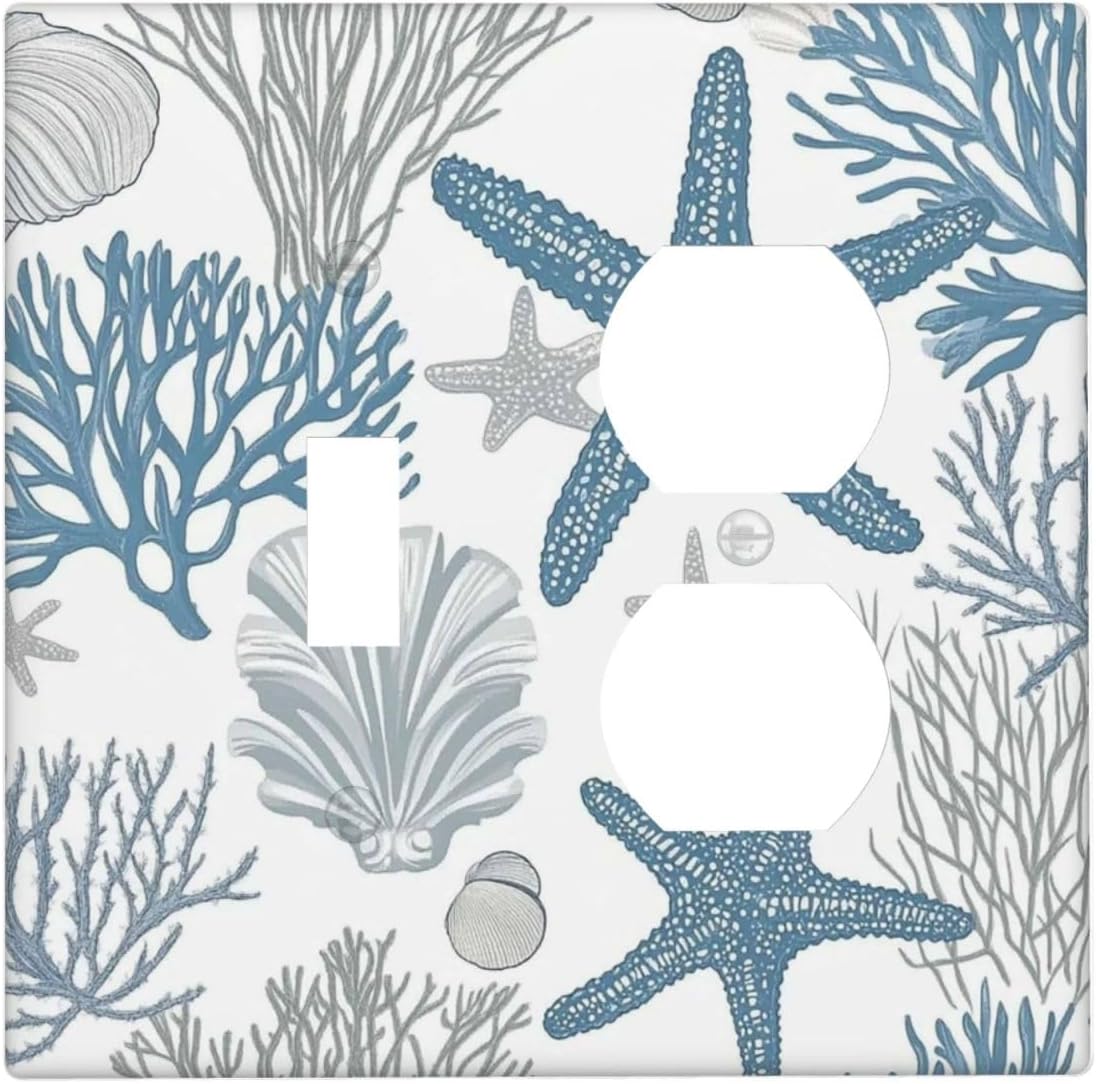 Blue Starfish Nautical Beach Conch Coastal Coral Shell Wallplates 1 Toggle 1 Duplex Switch Plate Electrical Gfci Faceplate Decorative Light Switch Covers For Kids Room Bathroom Decor