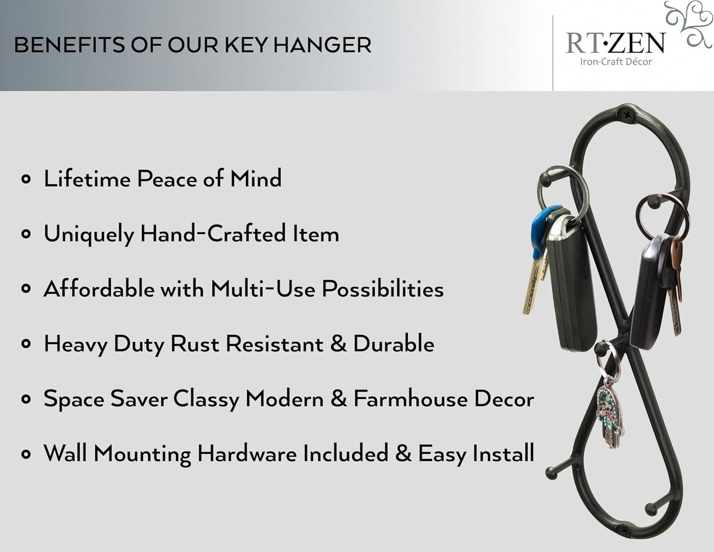 RTZEN Farmhouse Small Key Holder for Wall - Handcrafted Swirl Decorative 5 Key Hooks for Home Entryway - Wrought Iron Wall Mount Rack Purse Coat and Leash Holder or Organizer (Infinity Black)