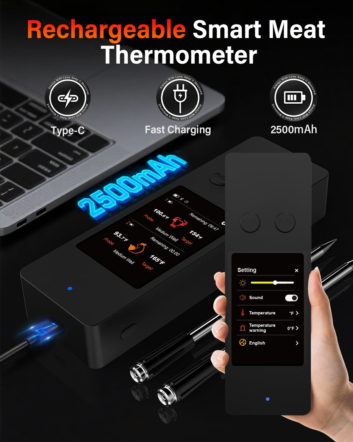 Bluetooth Wireless Meat Thermometer with App, Touch Screen, Audible Alarm, 2 Probes, 800ft Range & Rechargeable Base, Kitchen Food Thermometer for Cooking, BBQ, Smoker | Stocking Stuffers for Men
