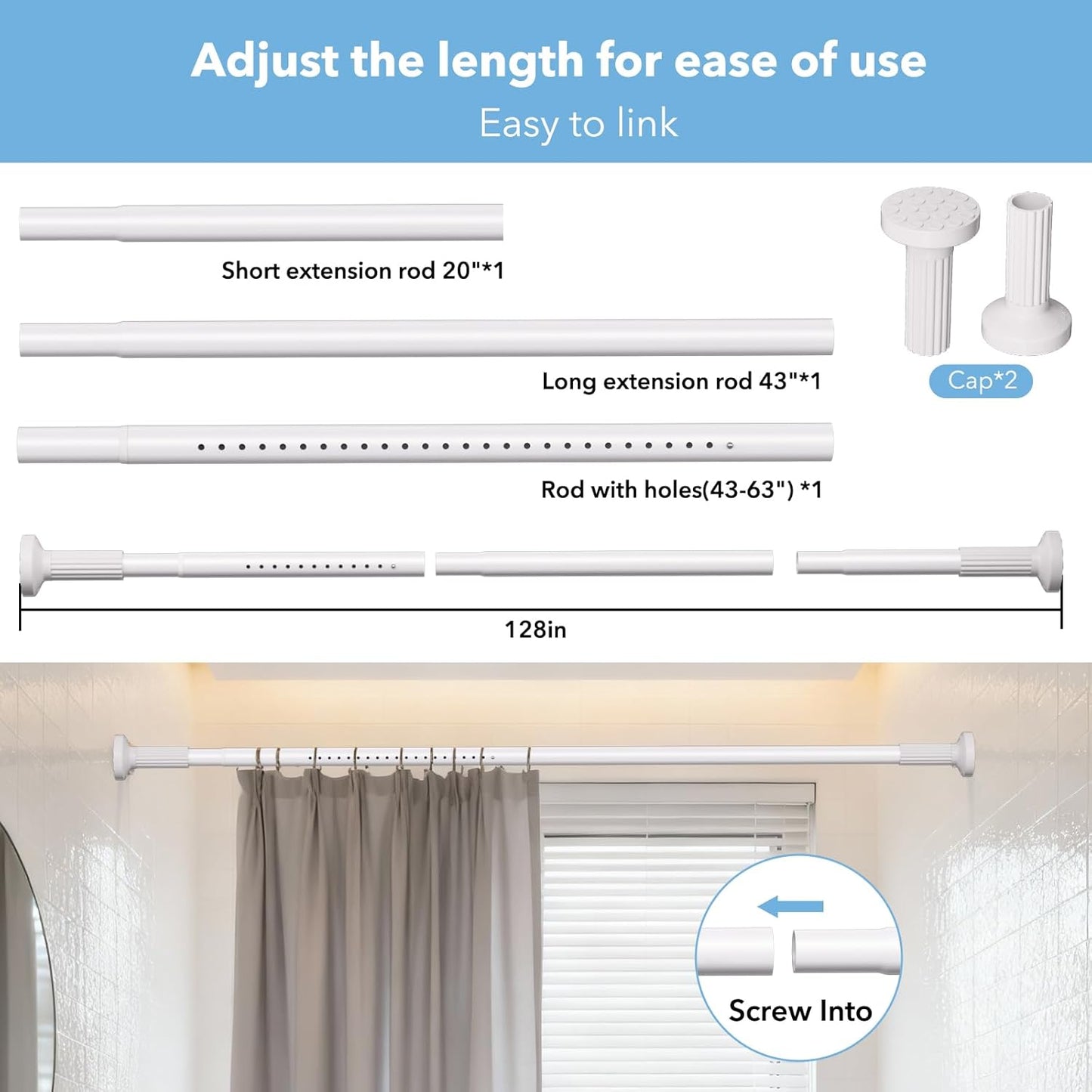 Tension Curtain Rod 51–128 In (4.25–10.67 ft),Extra Long Outdoor Curtain Rod for Window or Bathroom Patio,Easy to Install No Drilling Never Rust,Heavy Duty Adjustable Spring Shower Rod