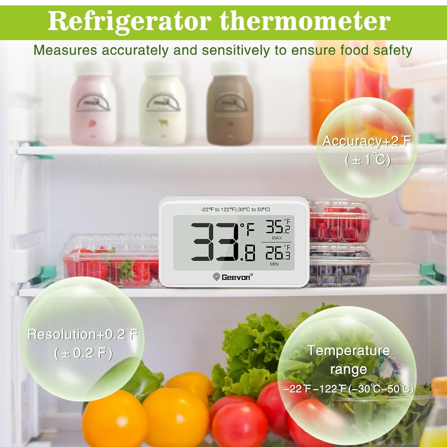 Geevon 2 Pack Refrigerator Thermometer Digital Fridge Thermometer IP65 Waterproof with Large LCD Display,Max/Min Record Function,Magnetic Back,for Fridge,Freezer Scenarios