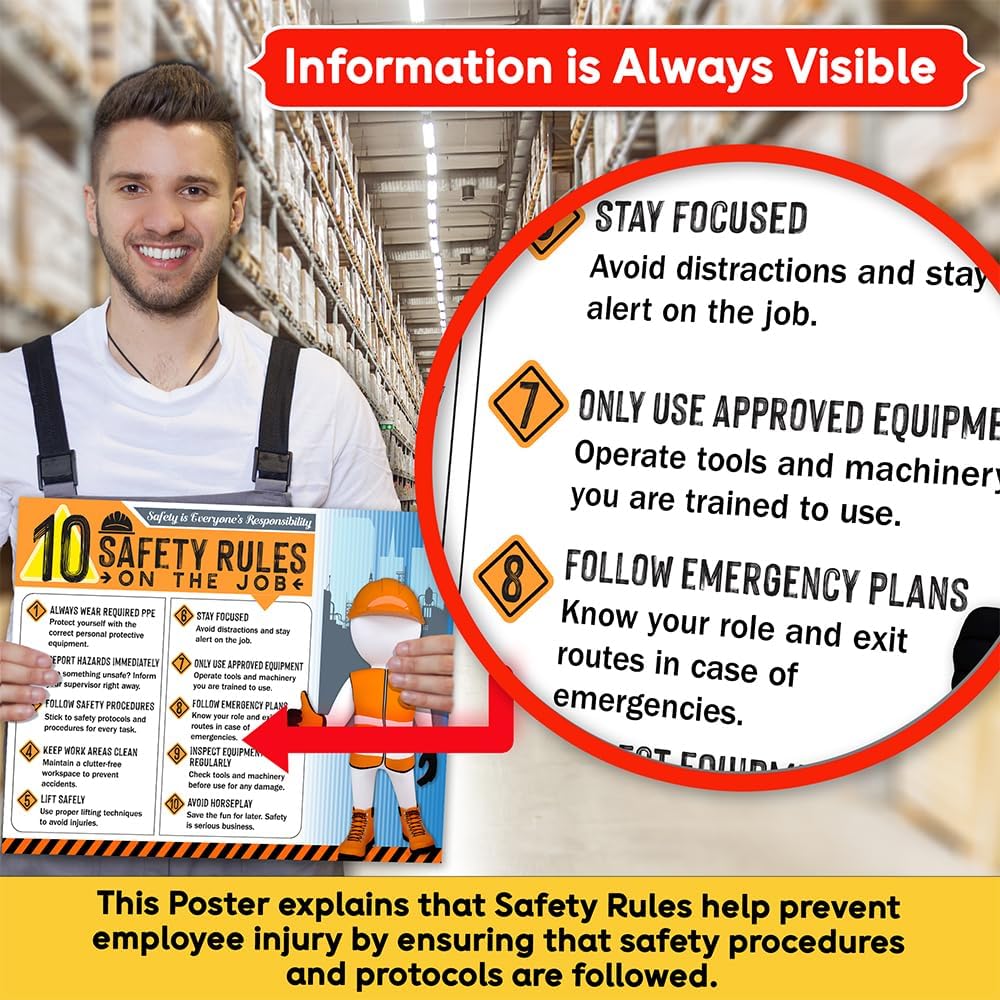 10 Safety Rules on the Job Poster 2026 – 18x24 Durable Laminated Business Safety First Poster Sign, Tear-Resistant, Waterproof Workplace Safety & Industrial Safety Poster for Construction (Pack of 1)