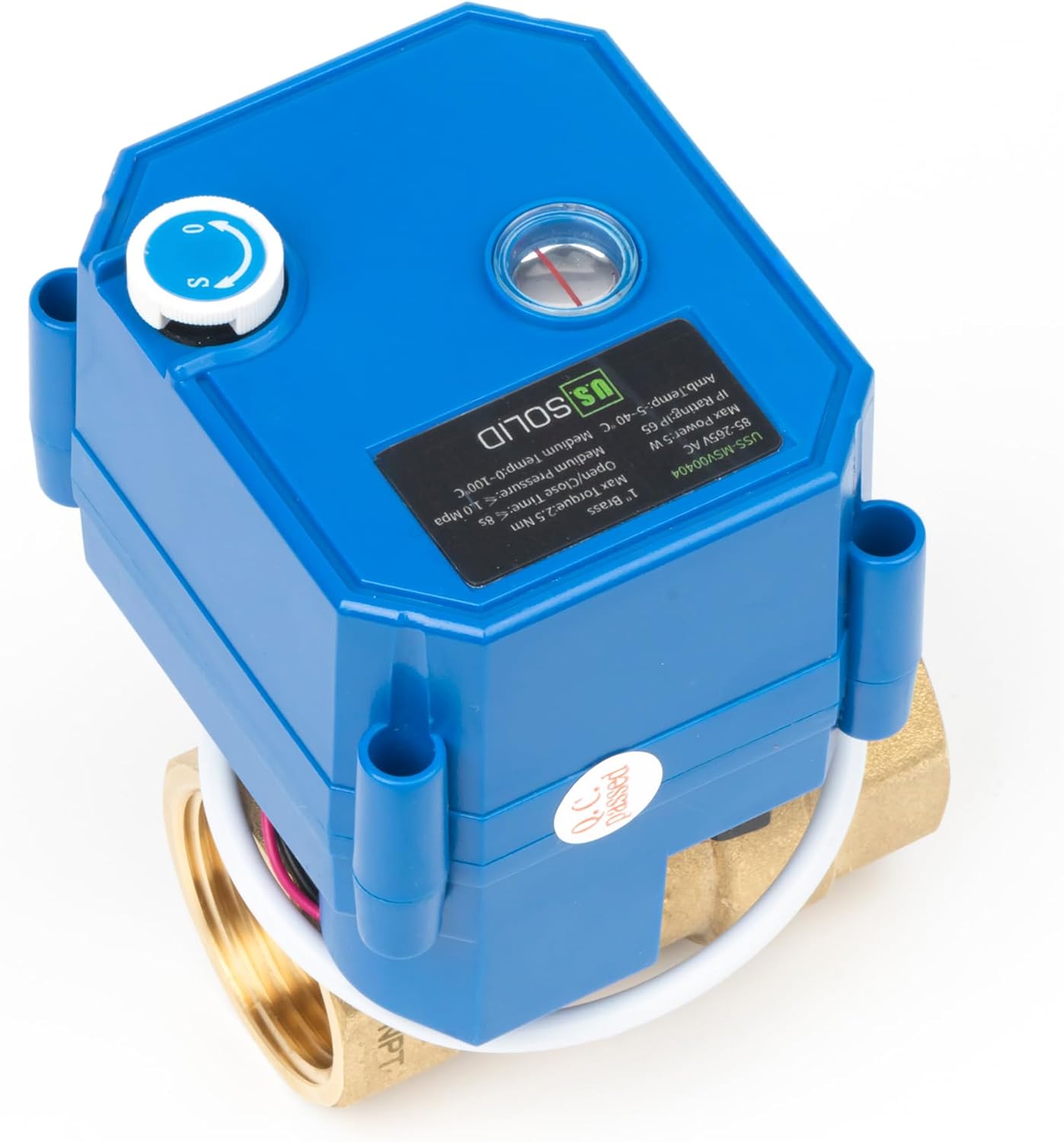 U.S. Solid Motorized Ball Valve with Manual Function - 1" Brass, Standard Port, 85-265V AC, 2-wire Automatic Return, Normally Closed