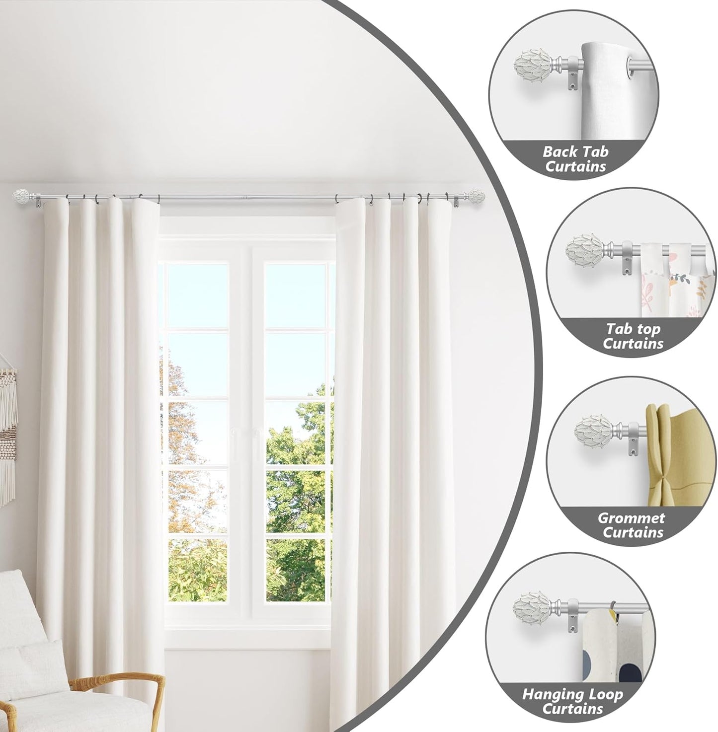 Curtain Rods for Windows 28 to 48 Inches 6/8 Inch Diameter Adjustable Drapery Rods Decorative Single Window Curtain Rods with Classic Finials,Silver