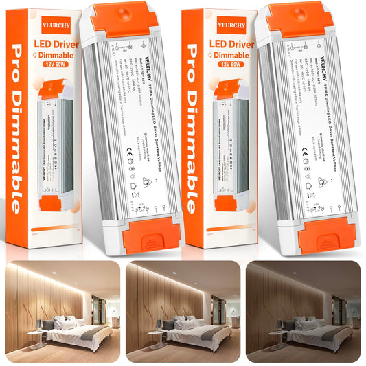 60W Dimmable LED Driver 12V DC Triac Constant Transformer, 120V AC to 12 Volt DC Lighting Low Voltage Power Supply, LED Light Transformer for Kitchens, Cabinets, Bedrooms 2 Pack