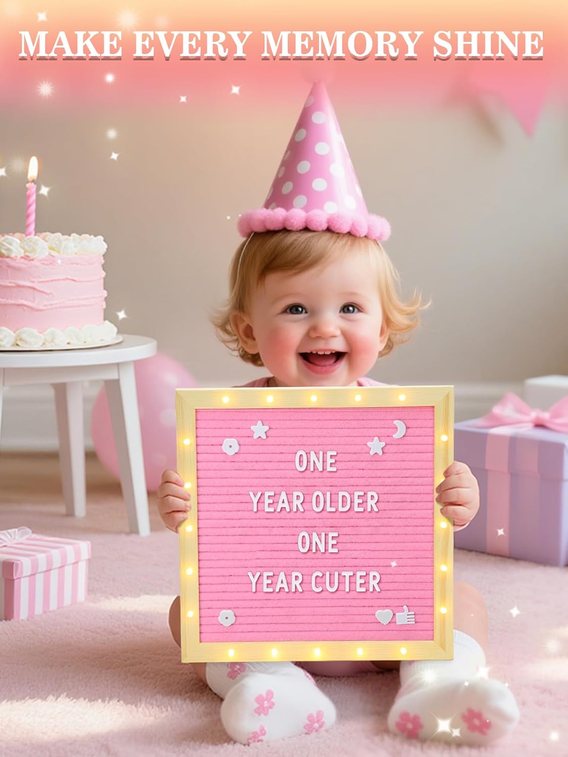 Changeable Felt Letter Board with LED Lights - 10×10" Message Custom Signs & Wood Stand & 450 Letters, Poster Board for Valentine's Day/Baby/Pregnancy Announcement/Classroom Wall Decor Gifts, Pink