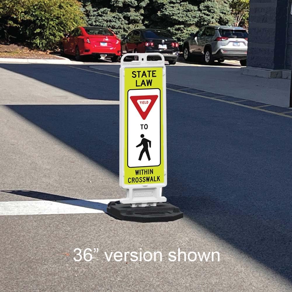 Plasticade Crosscade Crosswalk Sign, 36" Vertical Panel with 12x36 State Law Yield To Pedestrians Sign, Impact-Resistant Rubber Base, Diamond Grade Reflective Background and HIP Sheeting