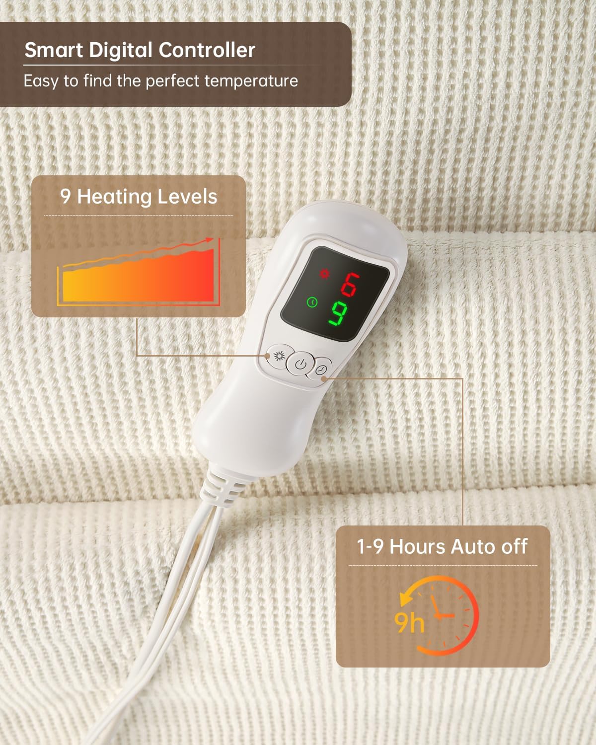 Electric Heated Blanket Queen Size, Washable Blanket Warmer with Dual Control for Home for Adults, Super Cozy Soft Fabric, 84" x 90", 9 Heat Levels, 1-9H Auto-Off, ETL Certified, Cream