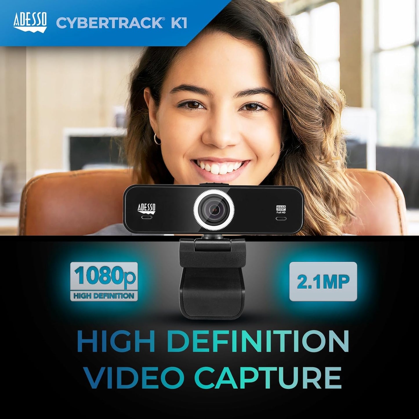 Adesso CyberTrack K1 1080P Full HD Fixed Focus USB Webcam with Adjustable View Angle Built-in Dual Microphones, Privacy Shutter, Audio/Video Mode Privacy ON/Off Switch & Tripod Mount